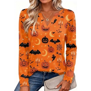 Zeagoo Womens Tops Long Sleeve V Neck Tee Shirts Cute Dressy Casual(Halloween Orange Pumpkins Ws85)