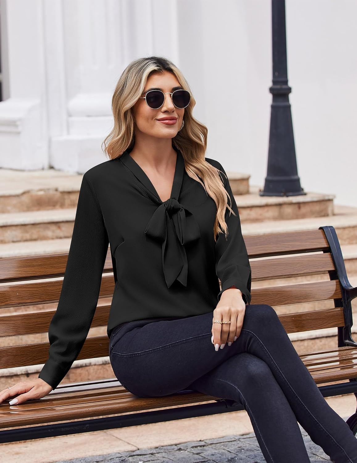 image:imageZeagoo Blouses for Women Bow Tie Neck Chiffon Long Sleeve Shirt Work TopsBlack