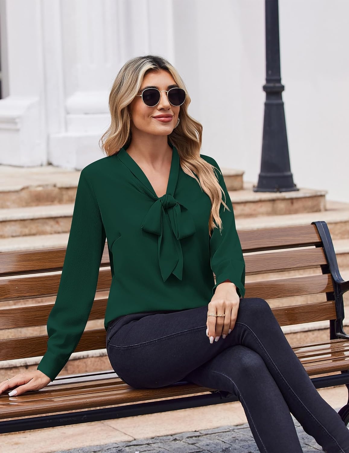 image:imageZeagoo Blouses for Women Bow Tie Neck Chiffon Long Sleeve Shirt Work TopsGreen