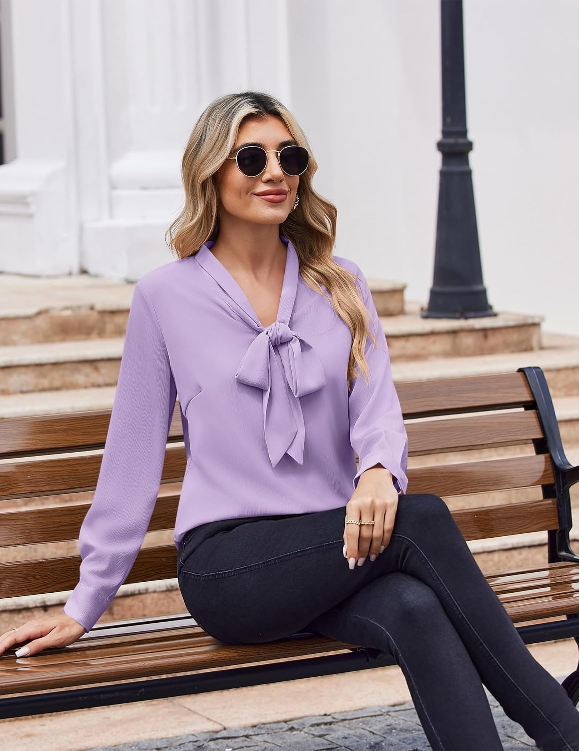 image:imageZeagoo Blouses for Women Bow Tie Neck Chiffon Long Sleeve Shirt Work TopsLilac