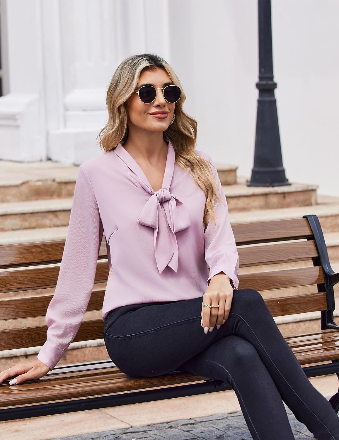 image:imageZeagoo Blouses for Women Bow Tie Neck Chiffon Long Sleeve Shirt Work TopsPink