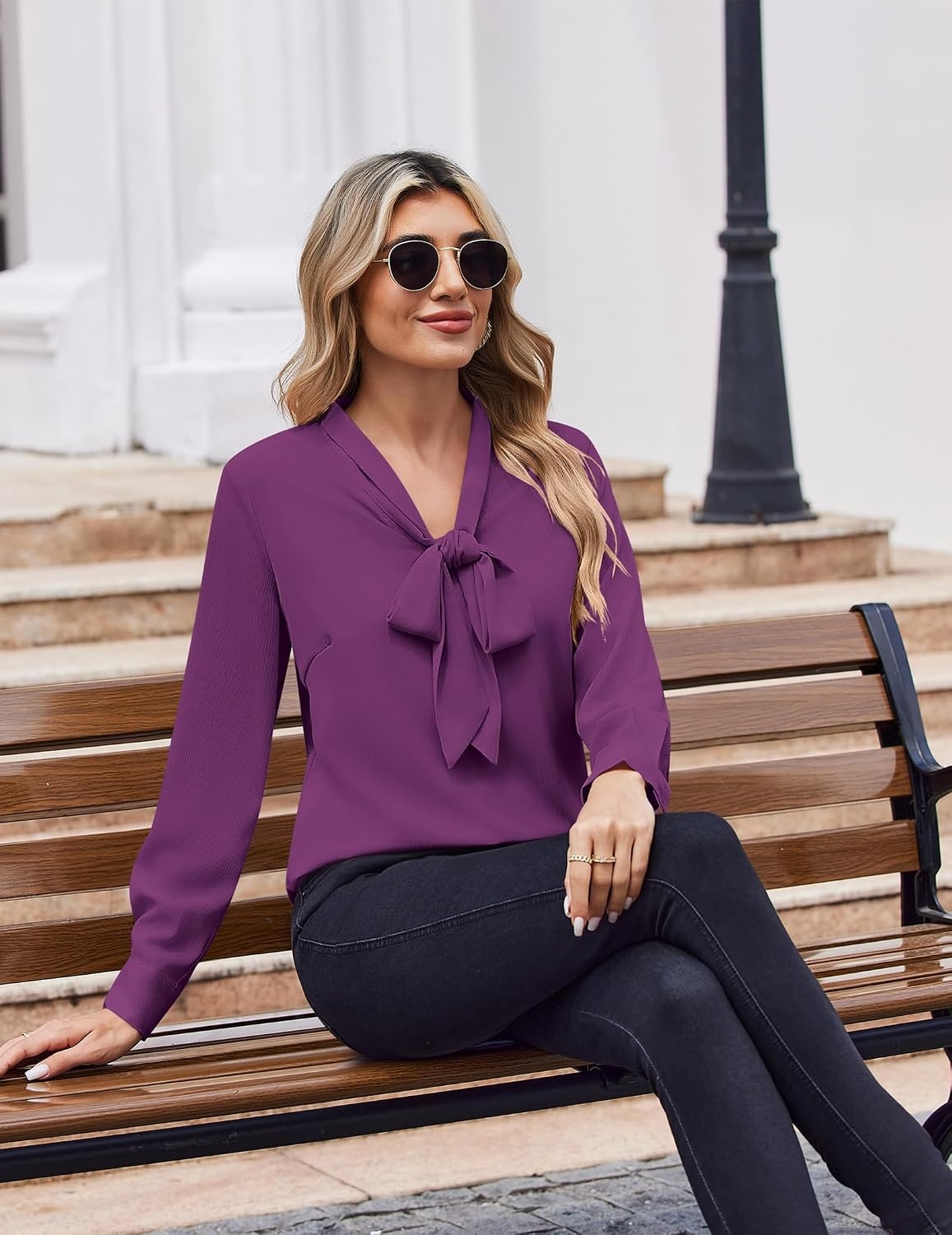 image:imageZeagoo Blouses for Women Bow Tie Neck Chiffon Long Sleeve Shirt Work TopsPurple