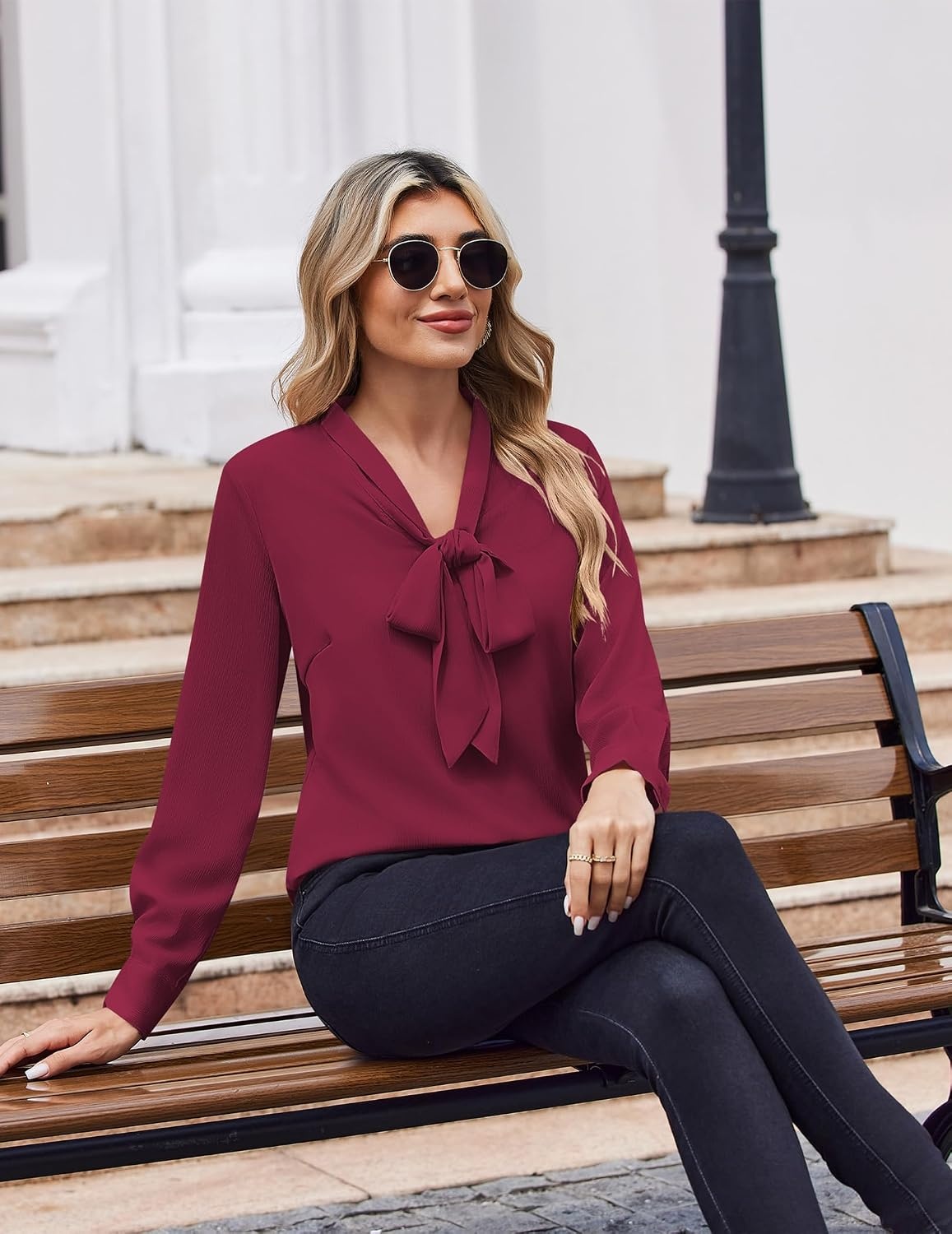 image:imageZeagoo Blouses for Women Bow Tie Neck Chiffon Long Sleeve Shirt Work TopsWine Red