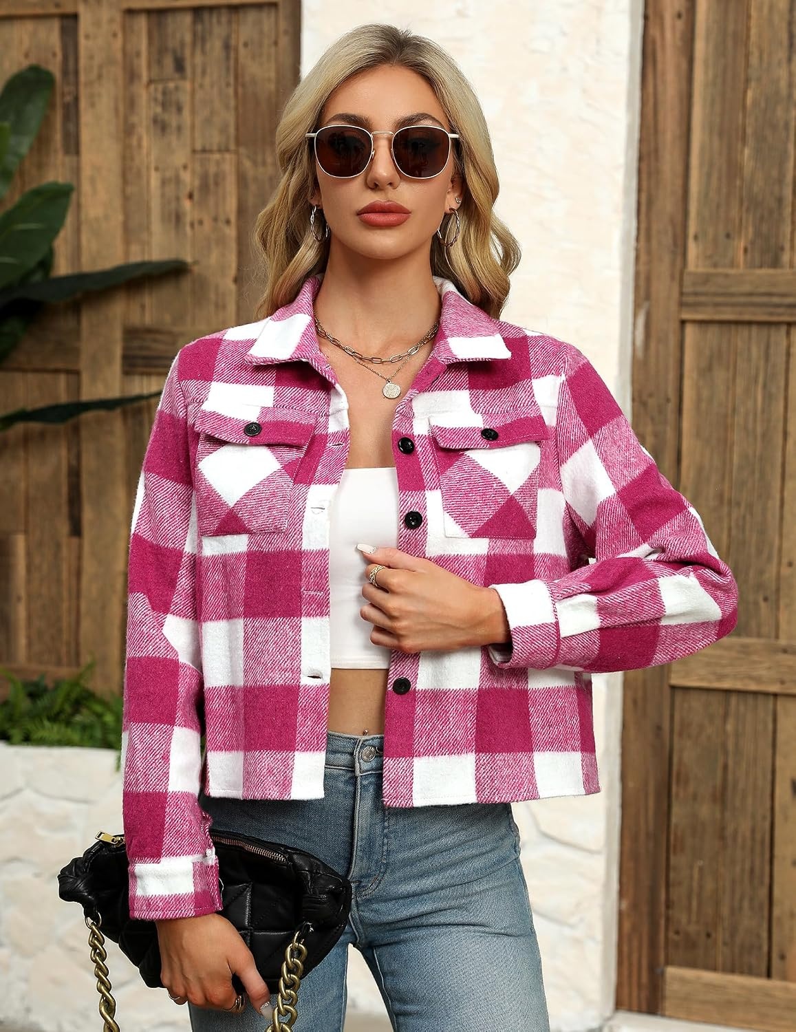 image:imageZeagoo Flannels for Women Cropped Shacket Jacket Fashion Plaid Fall CoatZgw24