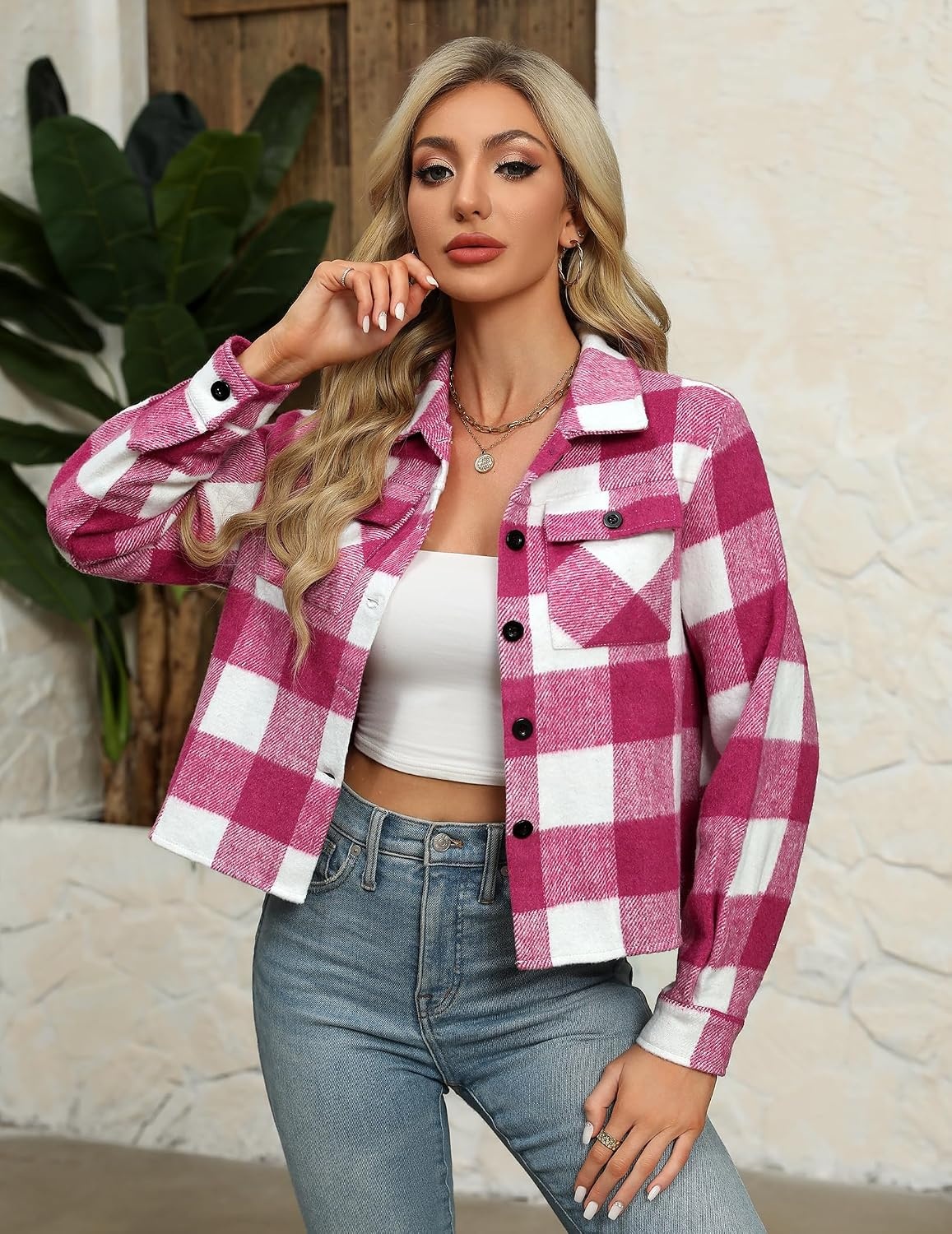 image:imageZeagoo Flannels for Women Cropped Shacket Jacket Fashion Plaid Fall CoatZgw24
