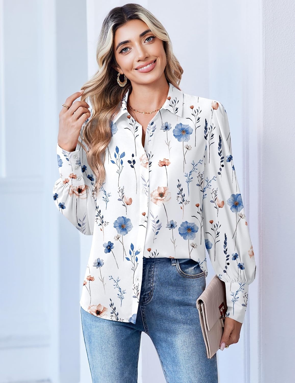 image:imageZeagoo Women Button Down Shirts Casual Long Sleeve Tops Work BlousesBf290white Flowers