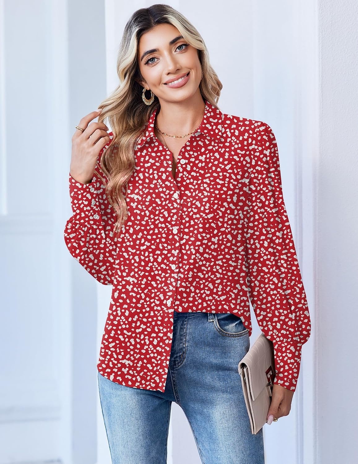 image:imageZeagoo Women Button Down Shirts Casual Long Sleeve Tops Work BlousesJh590red