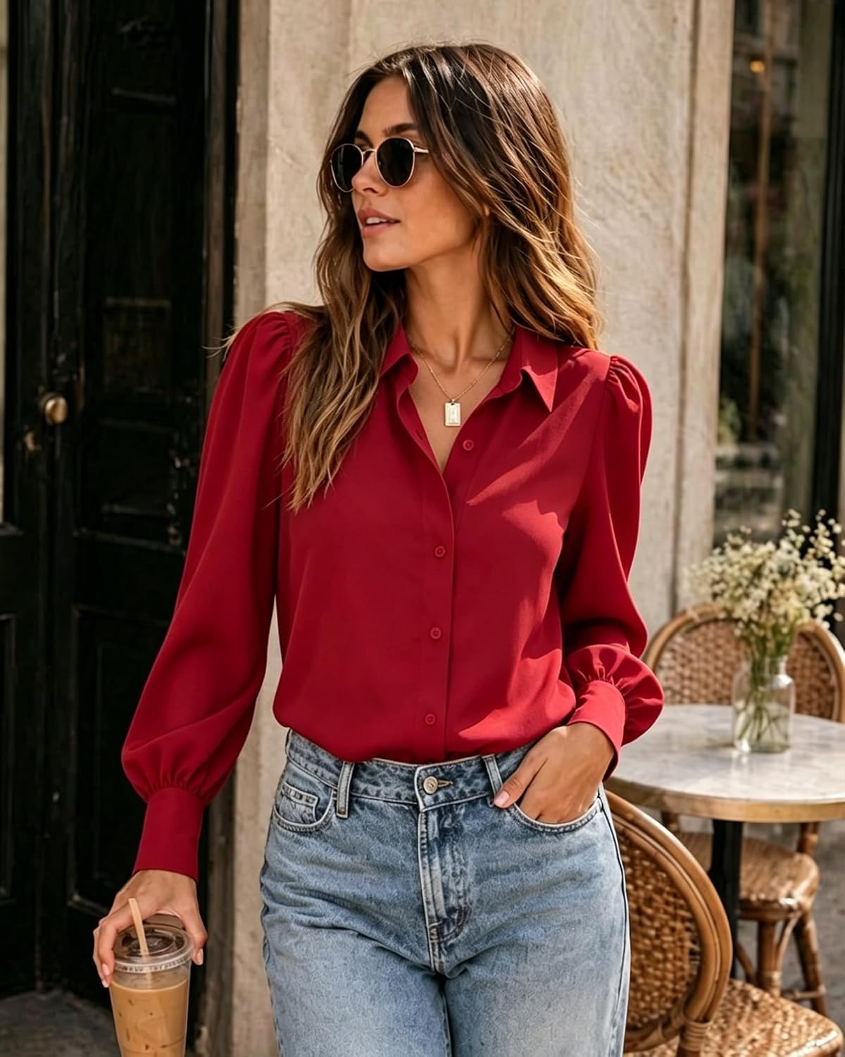 image:imageZeagoo Women Button Down Shirts Casual Long Sleeve Tops Work BlousesRed