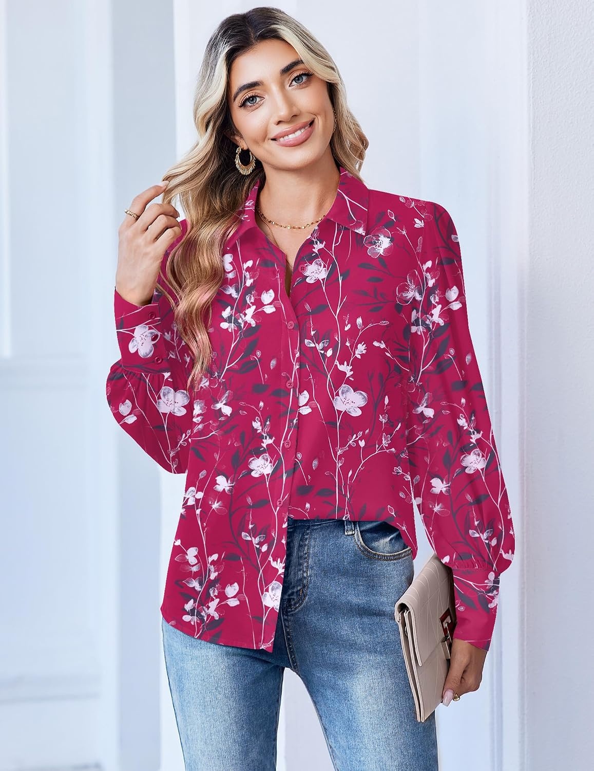 image:imageZeagoo Women Button Down Shirts Casual Long Sleeve Tops Work BlousesSf243rose Red
