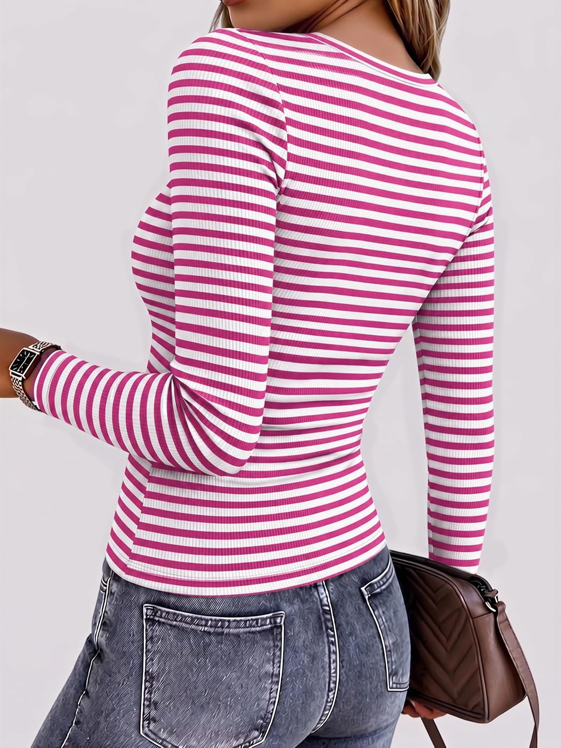 image:imageZeagoo Women Long Sleeve Shirts Ribbed Tops Crewneck Basic TeeHot Pink Stripe