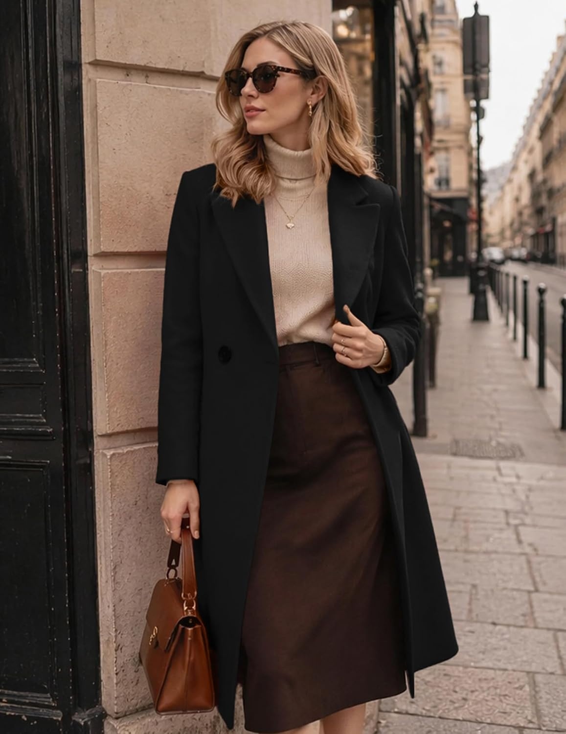 image:imageZeagoo Women Winter Wool Coat Notch Lapel SingleBreasted Mid Long PeacoatBlack