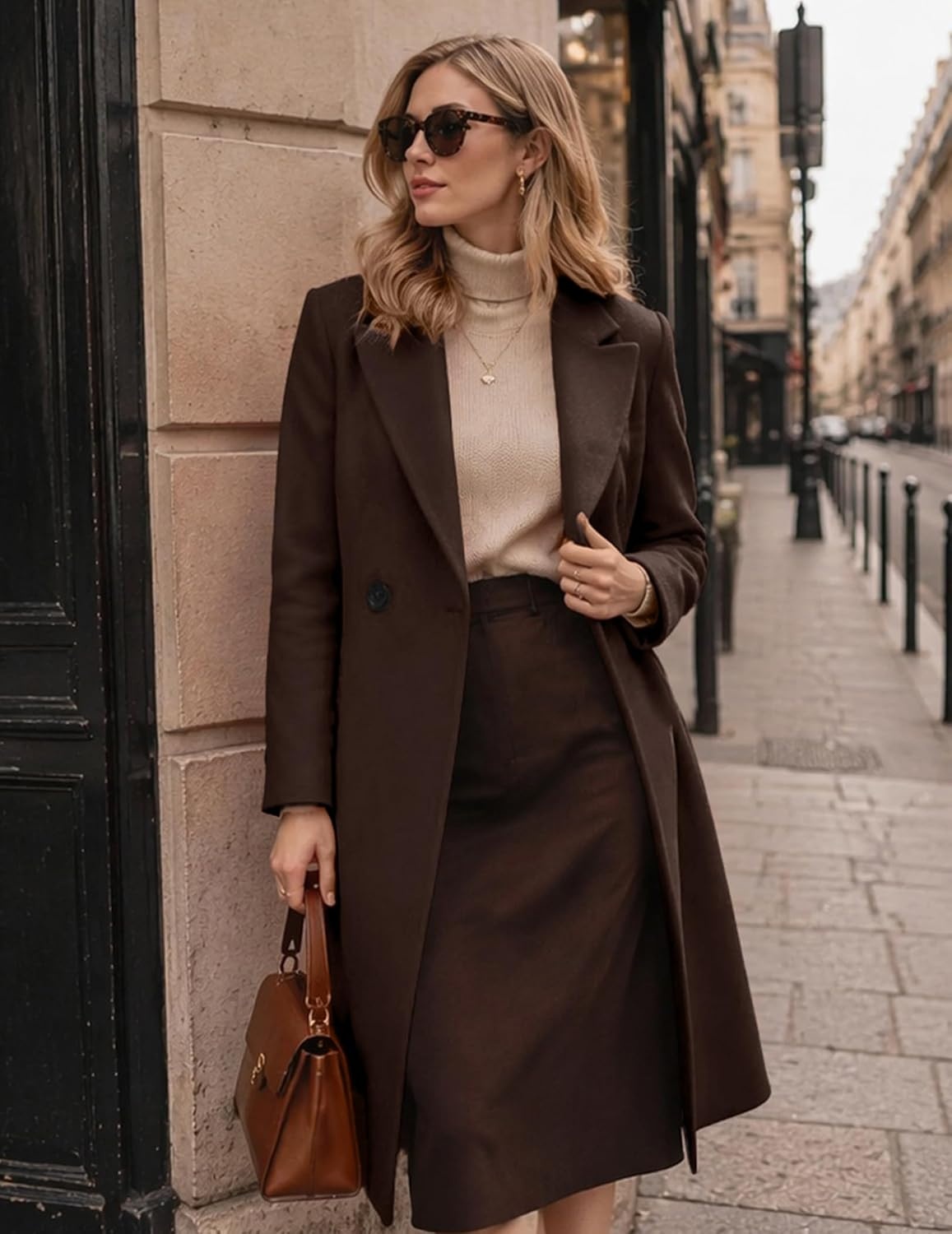 image:imageZeagoo Women Winter Wool Coat Notch Lapel SingleBreasted Mid Long PeacoatBrown
