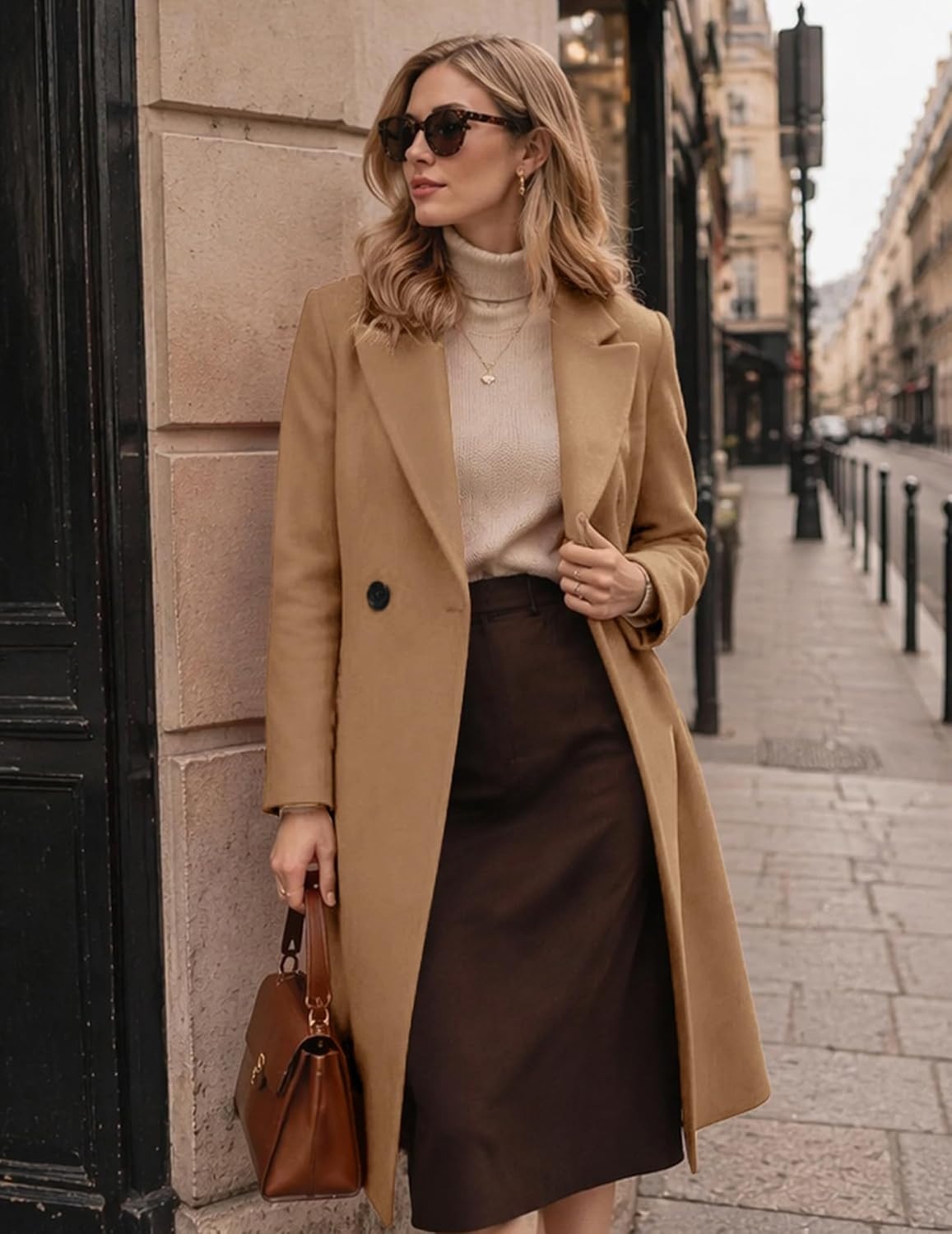 image:imageZeagoo Women Winter Wool Coat Notch Lapel SingleBreasted Mid Long PeacoatKhaki