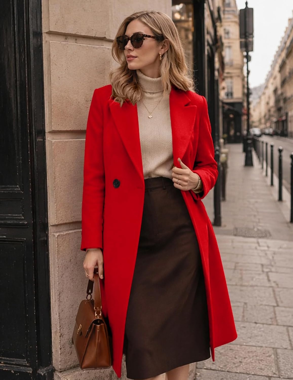 image:imageZeagoo Women Winter Wool Coat Notch Lapel SingleBreasted Mid Long PeacoatRed