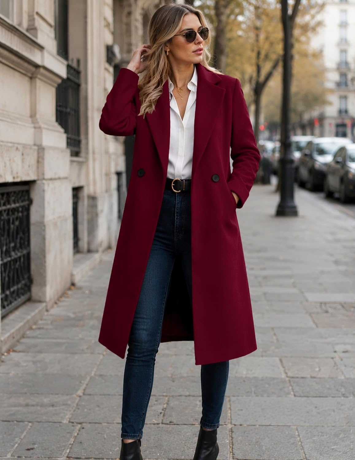 image:imageZeagoo Women Winter Wool Coat Notch Lapel SingleBreasted Mid Long PeacoatWine Red