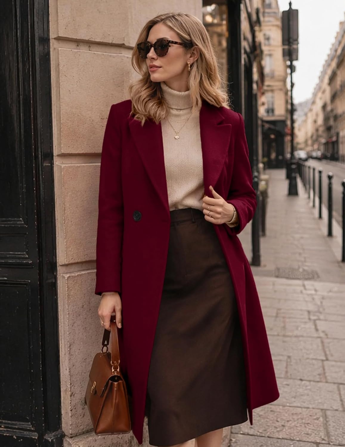 image:imageZeagoo Women Winter Wool Coat Notch Lapel SingleBreasted Mid Long PeacoatWine Red