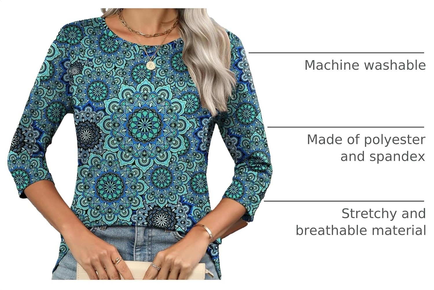 image:imageZeagoo Womens Casual 34 Sleeve TShirts Round Neck Tunic Tops Work BlouseBlue Printmz858