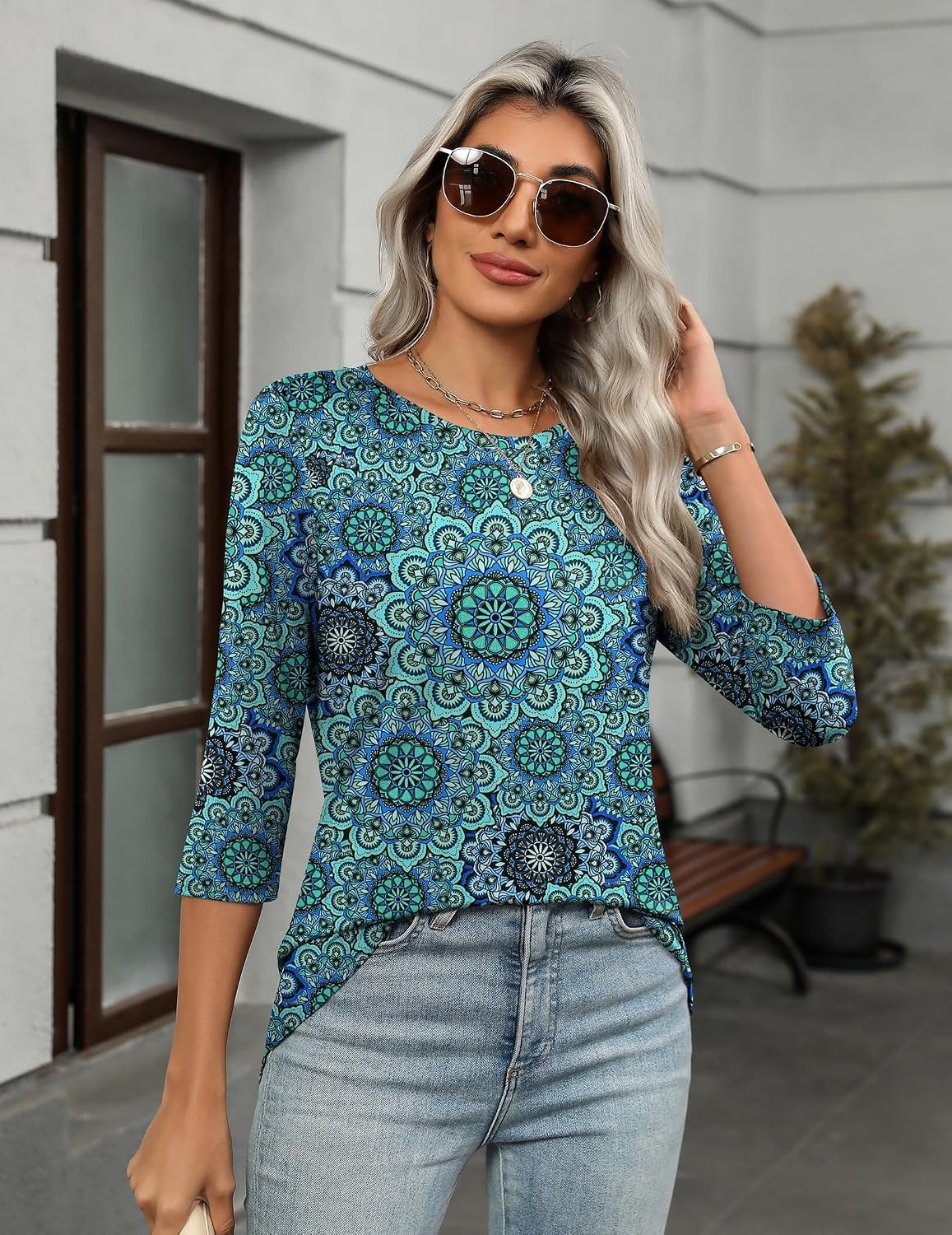 image:imageZeagoo Womens Casual 34 Sleeve TShirts Round Neck Tunic Tops Work BlouseBlue Printmz858