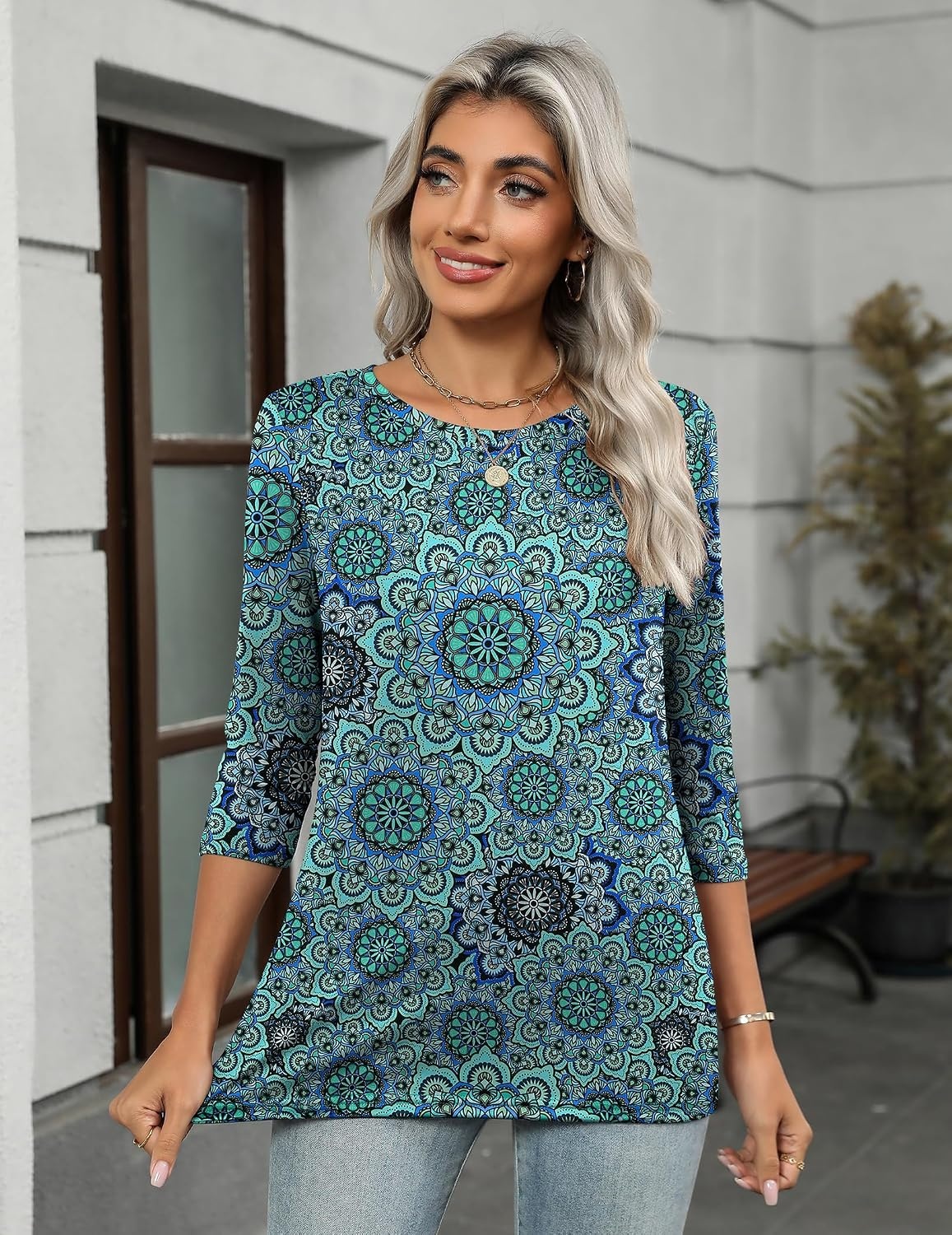 image:imageZeagoo Womens Casual 34 Sleeve TShirts Round Neck Tunic Tops Work BlouseBlue Printmz858