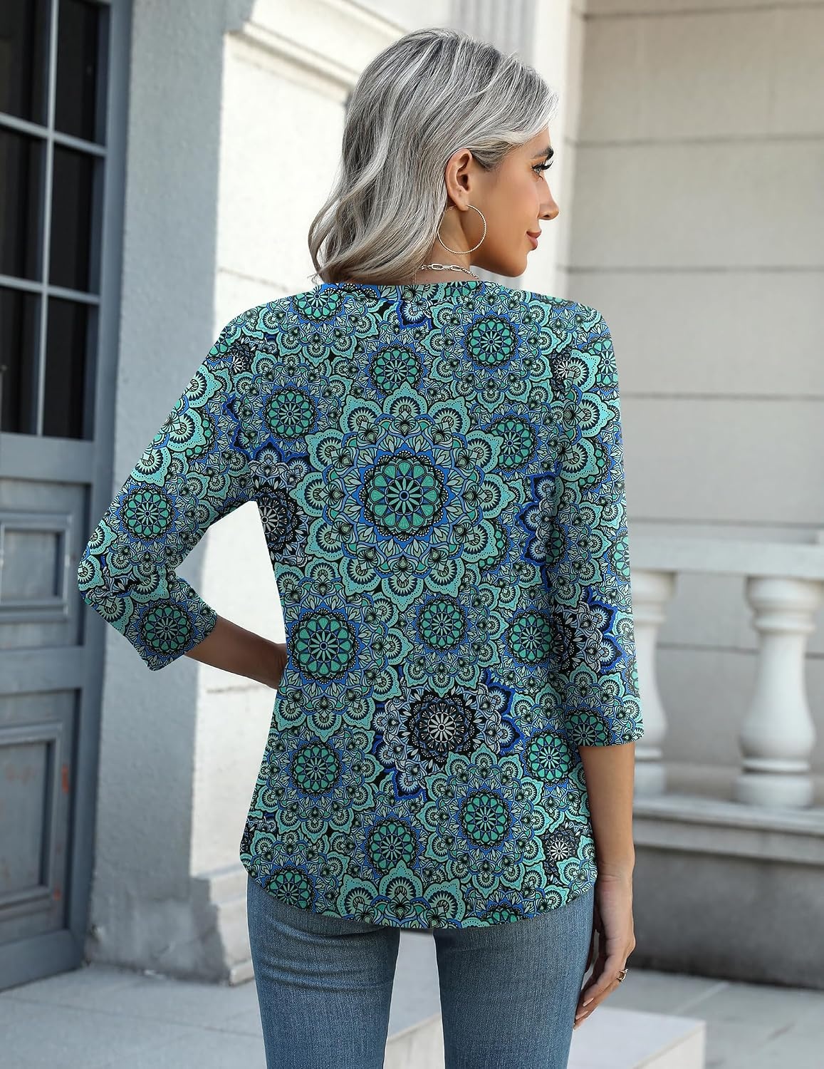 image:imageZeagoo Womens Casual 34 Sleeve TShirts Round Neck Tunic Tops Work BlouseBlue Printmz858