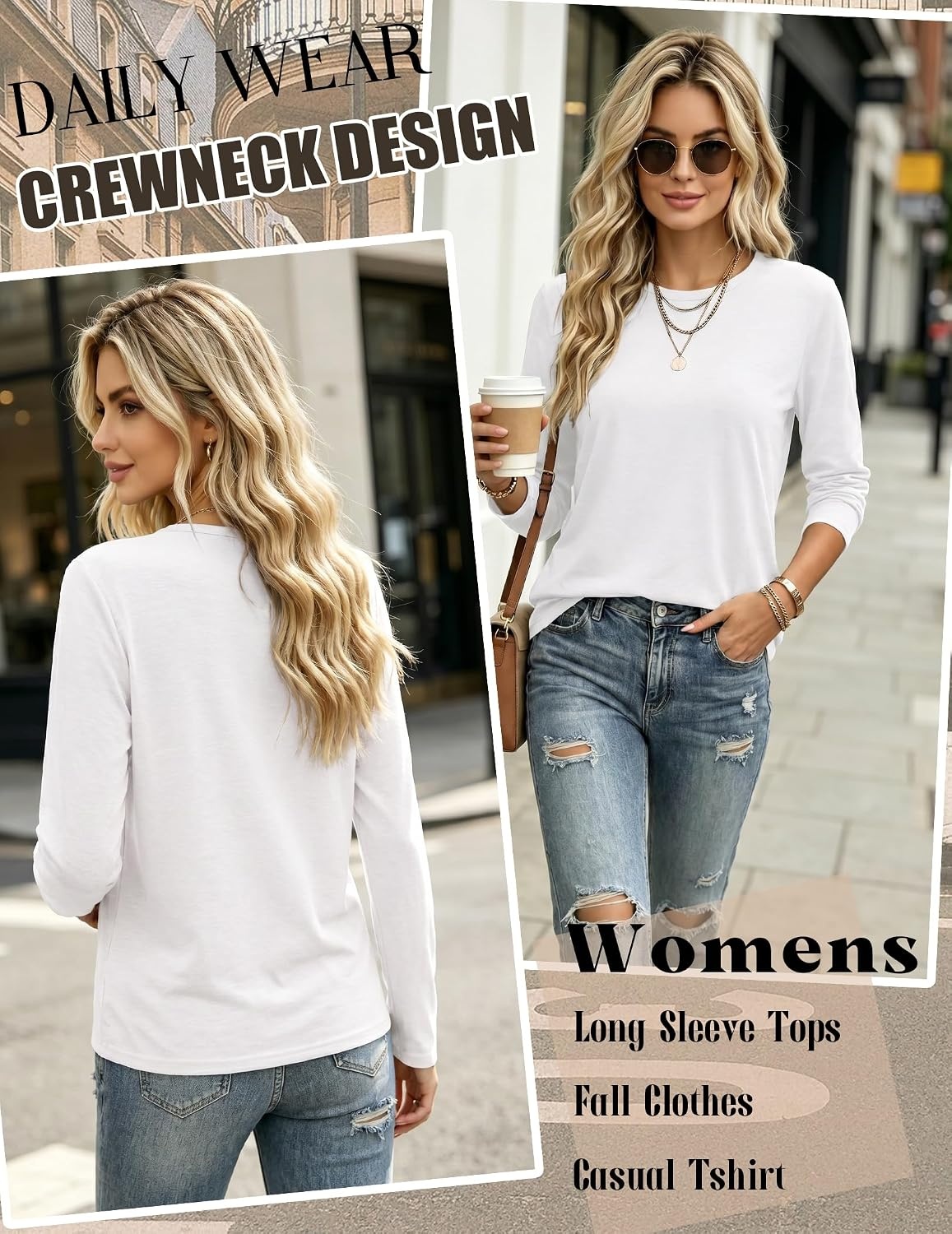 image:imageZeagoo Womens Casual Shirts Long Sleeve Tops Crewneck Tshirts Fall ClothesA White