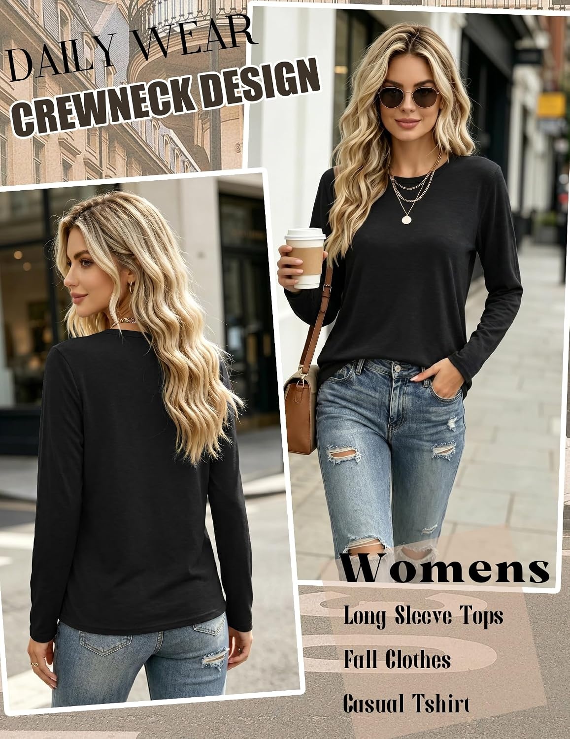 image:imageZeagoo Womens Casual Shirts Long Sleeve Tops Crewneck Tshirts Fall ClothesBlack