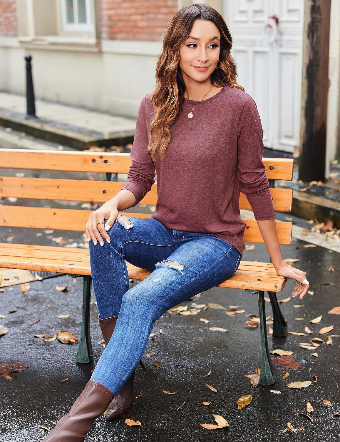 image:imageZeagoo Womens Casual Shirts Long Sleeve Tops Crewneck Tshirts Fall ClothesBlackbluemaroon