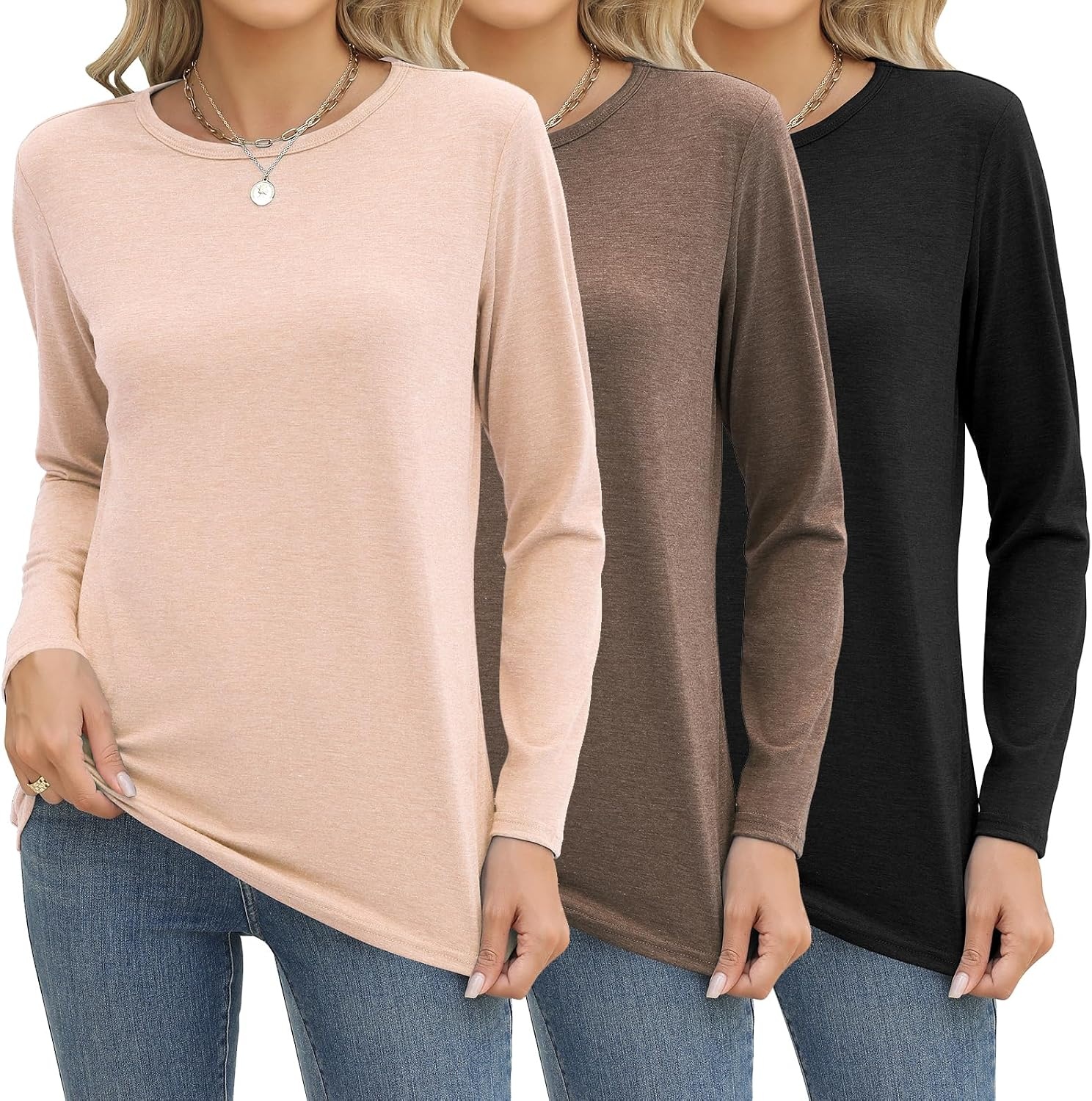 image:imageZeagoo Womens Casual Shirts Long Sleeve Tops Crewneck Tshirts Fall ClothesBlackbrowncream