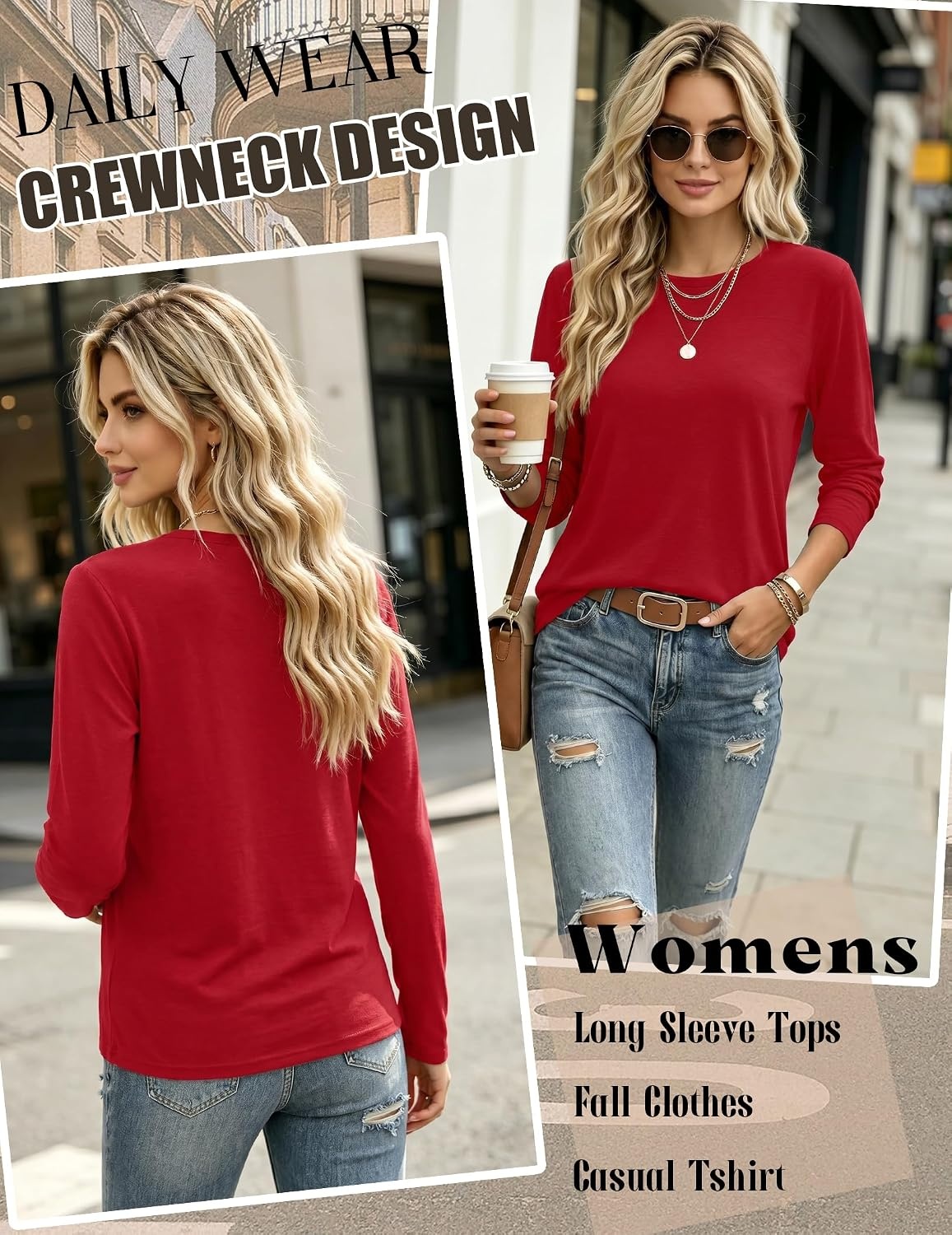 image:imageZeagoo Womens Casual Shirts Long Sleeve Tops Crewneck Tshirts Fall ClothesRed