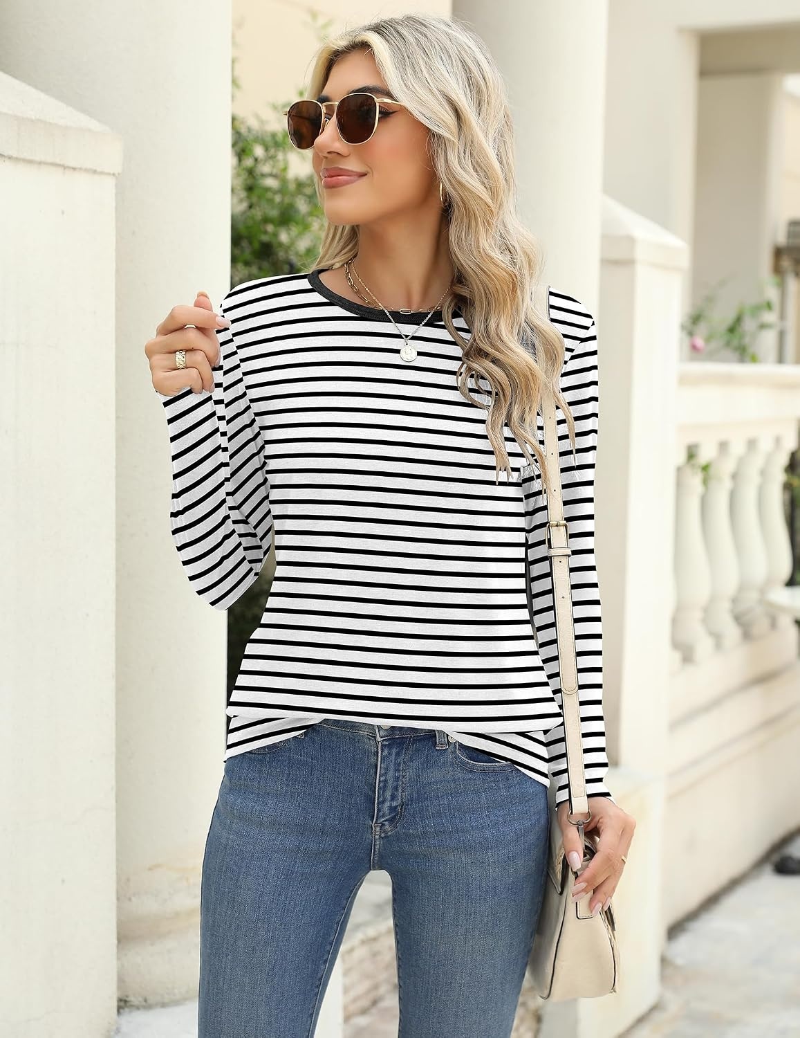 image:imageZeagoo Womens Casual Shirts Long Sleeve Tops Crewneck Tshirts Fall ClothesStripe Blackblackmaroon