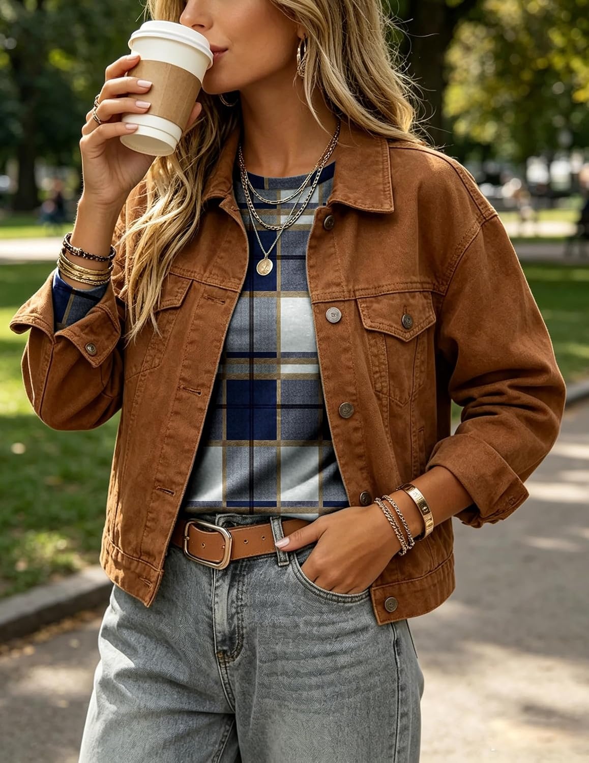 image:imageZeagoo Womens Casual Shirts Long Sleeve Tops Crewneck Tshirts Fall ClothesZ Plaid Blue 597