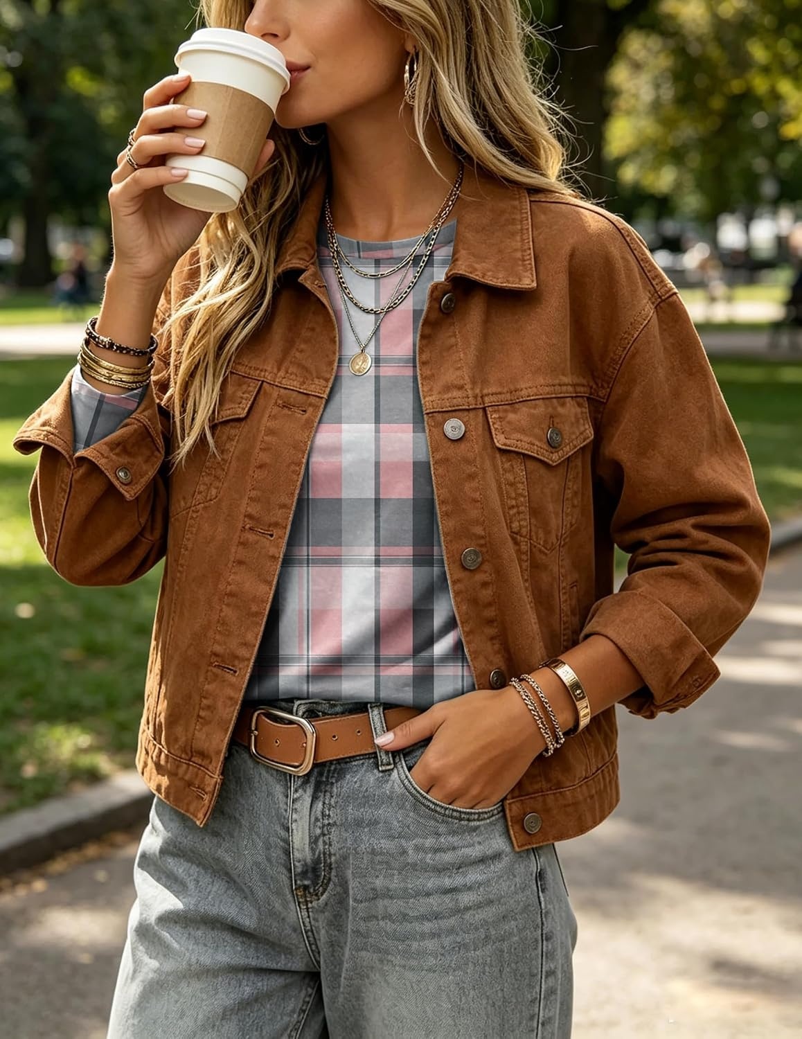 image:imageZeagoo Womens Casual Shirts Long Sleeve Tops Crewneck Tshirts Fall ClothesZ Plaid Pink 326