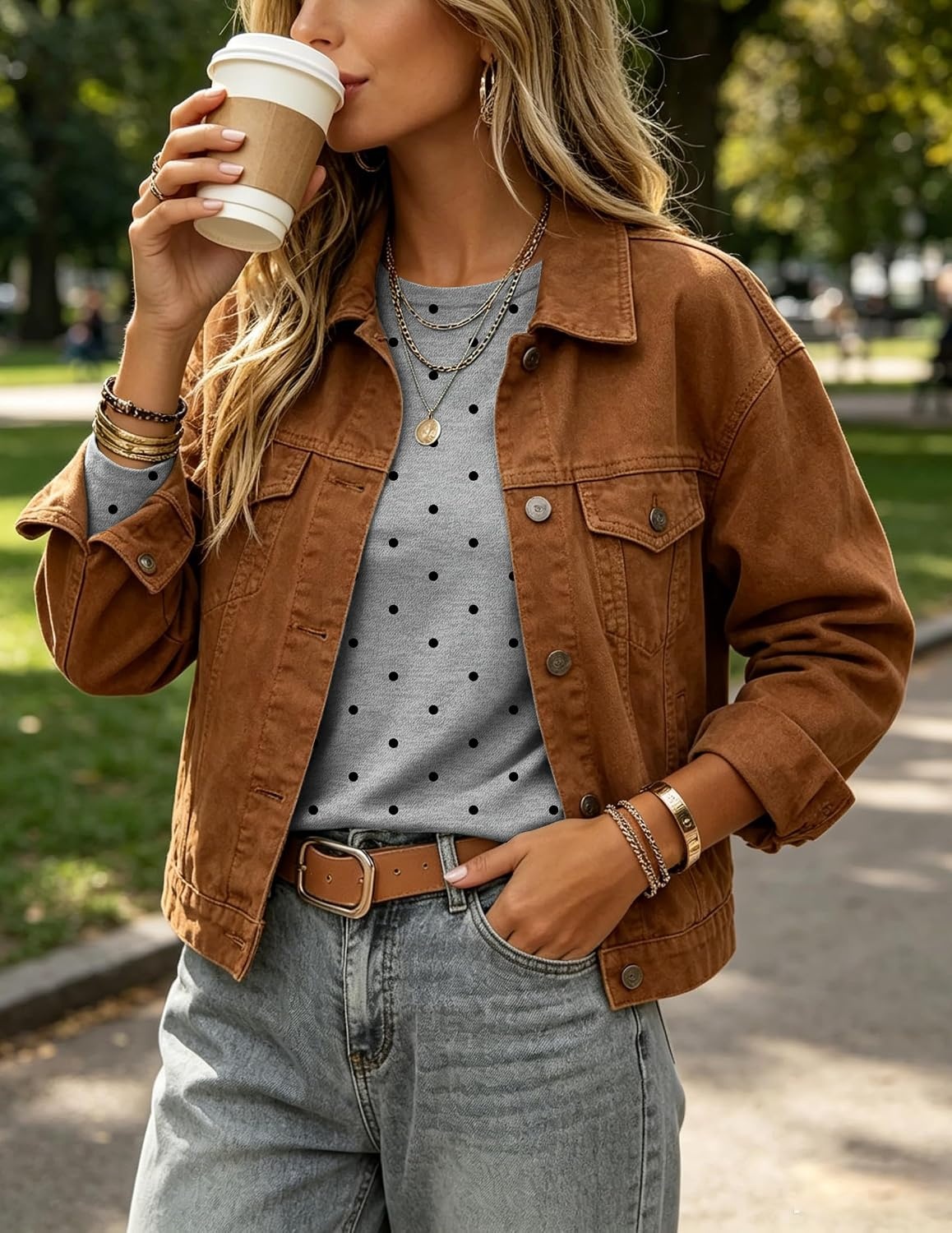 image:imageZeagoo Womens Casual Shirts Long Sleeve Tops Crewneck Tshirts Fall ClothesZ Polka Dot Grey 801