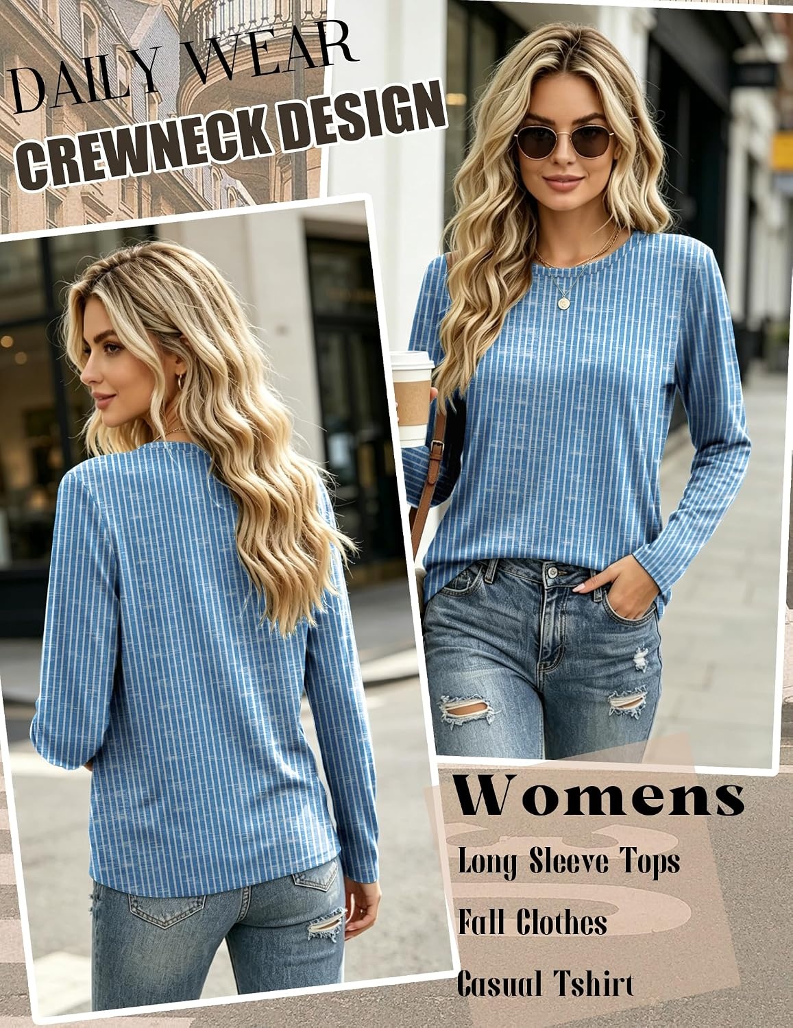 image:imageZeagoo Womens Casual Shirts Long Sleeve Tops Crewneck Tshirts Fall ClothesZ Stripes Blue 273