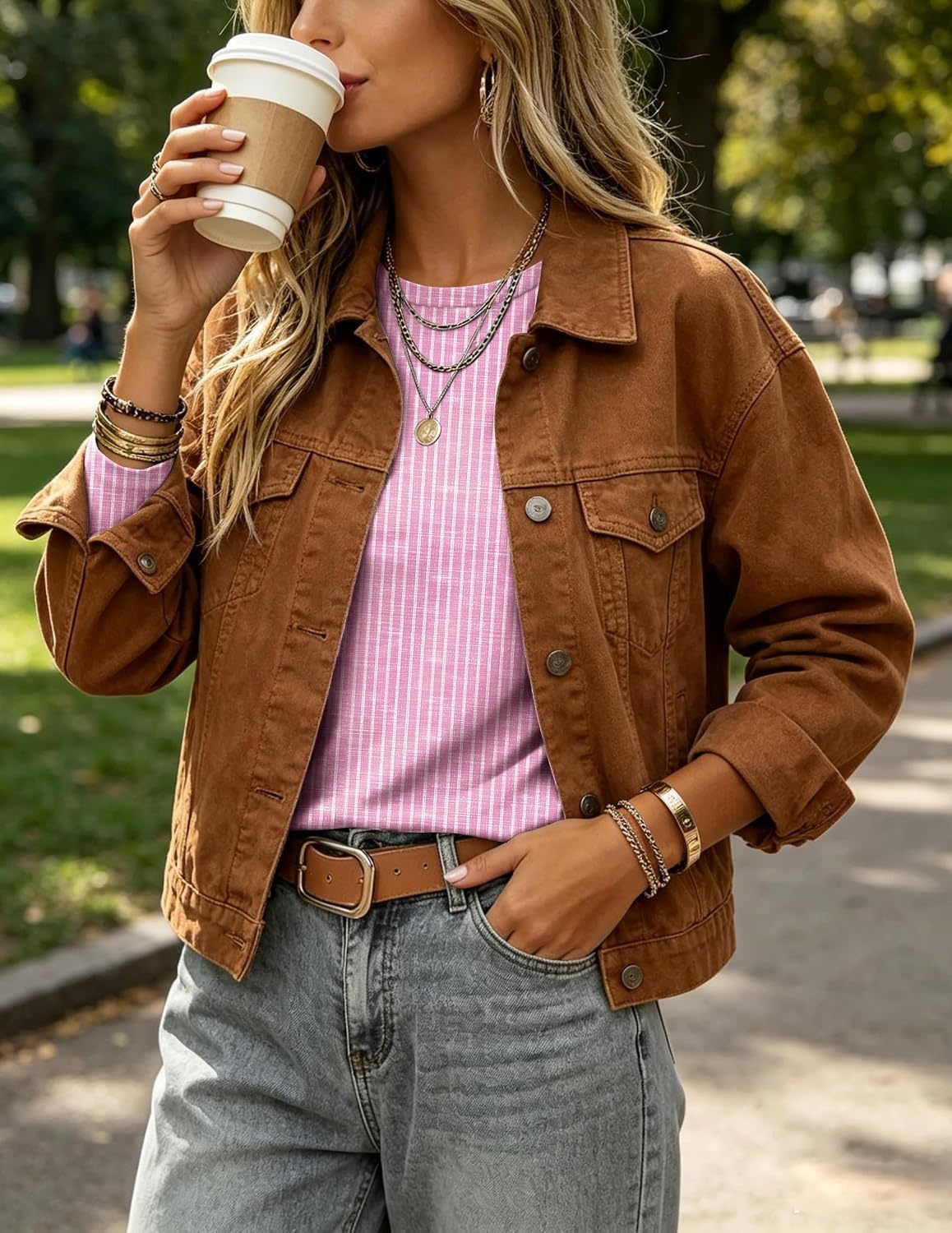 image:imageZeagoo Womens Casual Shirts Long Sleeve Tops Crewneck Tshirts Fall ClothesZ Stripes Pink 641