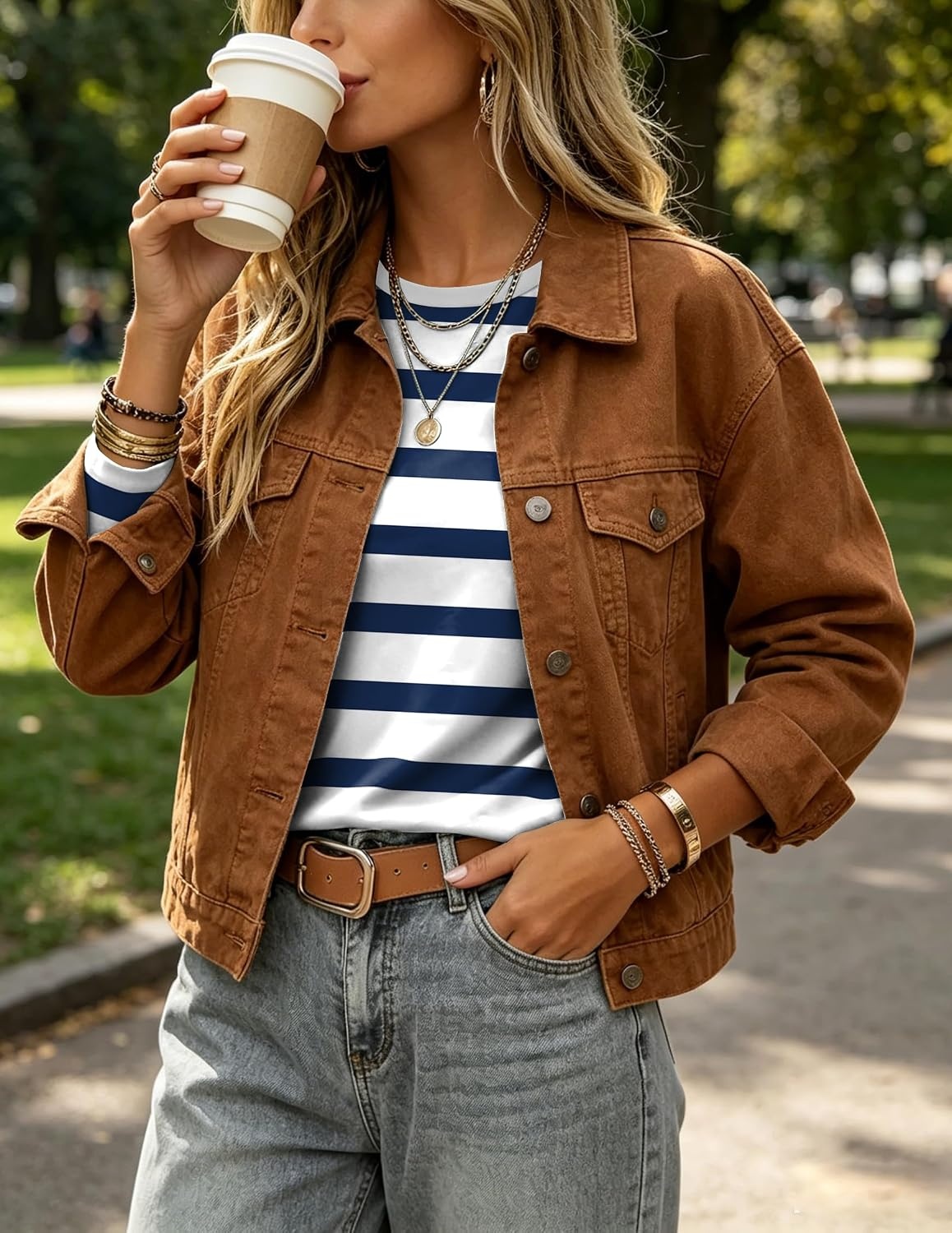 image:imageZeagoo Womens Casual Shirts Long Sleeve Tops Crewneck Tshirts Fall ClothesZ Stripes White 290