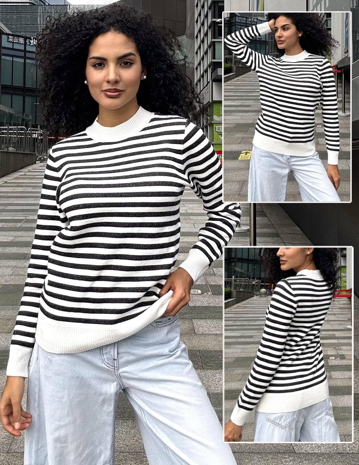 image:imageZeagoo Womens Fleece Sherpa Lined Sweater Mock Neck Long Sleeve Thermal Shirt 2026 Fall Winter Fuzzy Knit Jumper Tops SXXLWhite Black Stripe