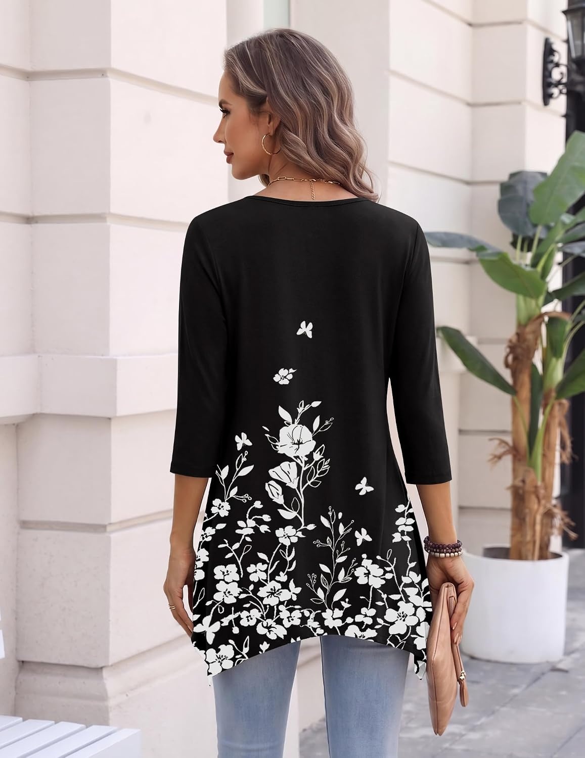 image:imageZeagoo Womens Tops 34 Sleeve loose fit dressy Tunics Plus Size Boho ShirtsBlack White Floral