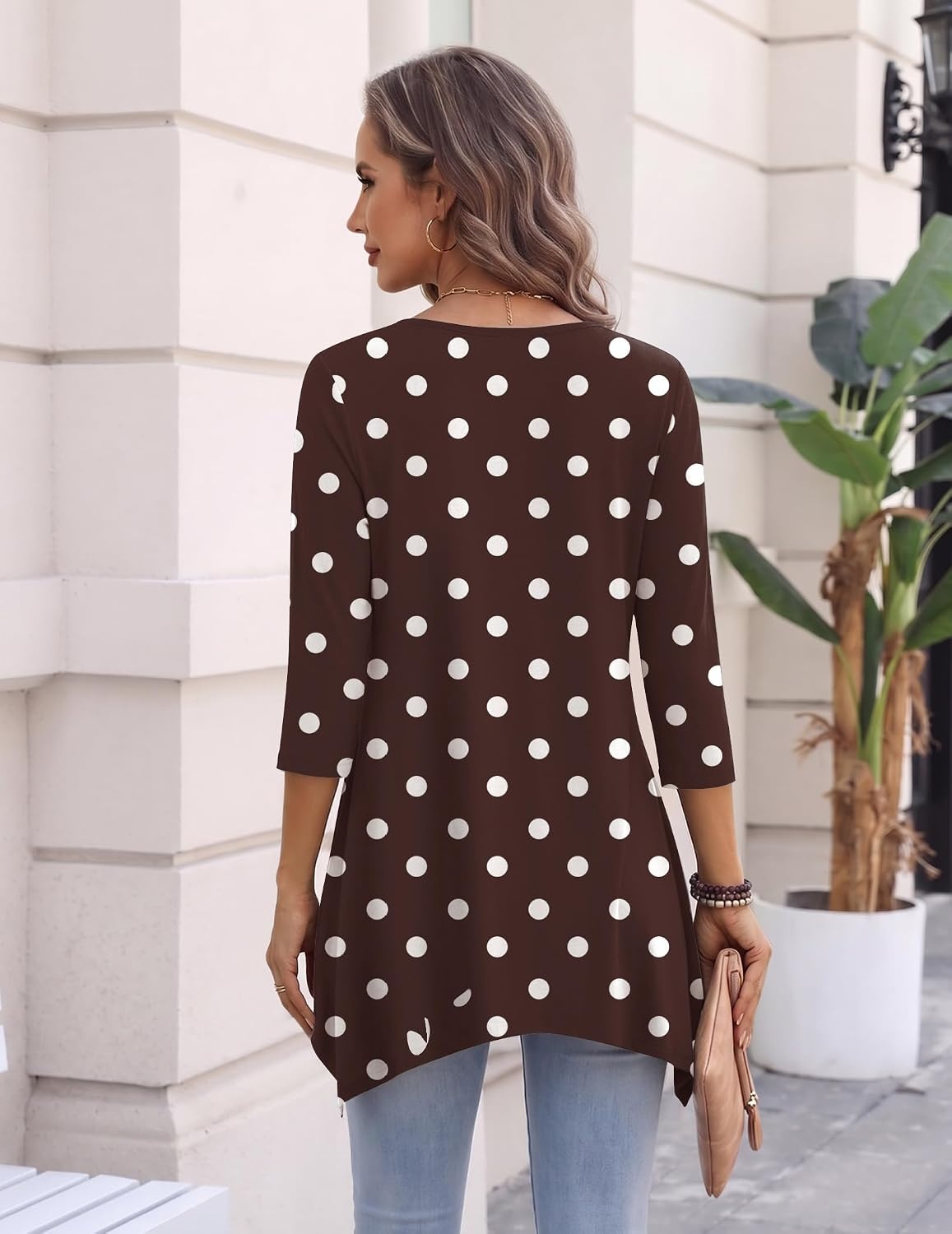 image:imageZeagoo Womens Tops 34 Sleeve loose fit dressy Tunics Plus Size Boho ShirtsBrown Polka Dotjh725