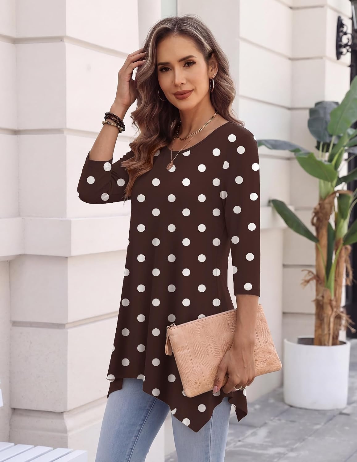 image:imageZeagoo Womens Tops 34 Sleeve loose fit dressy Tunics Plus Size Boho ShirtsBrown Polka Dotjh725