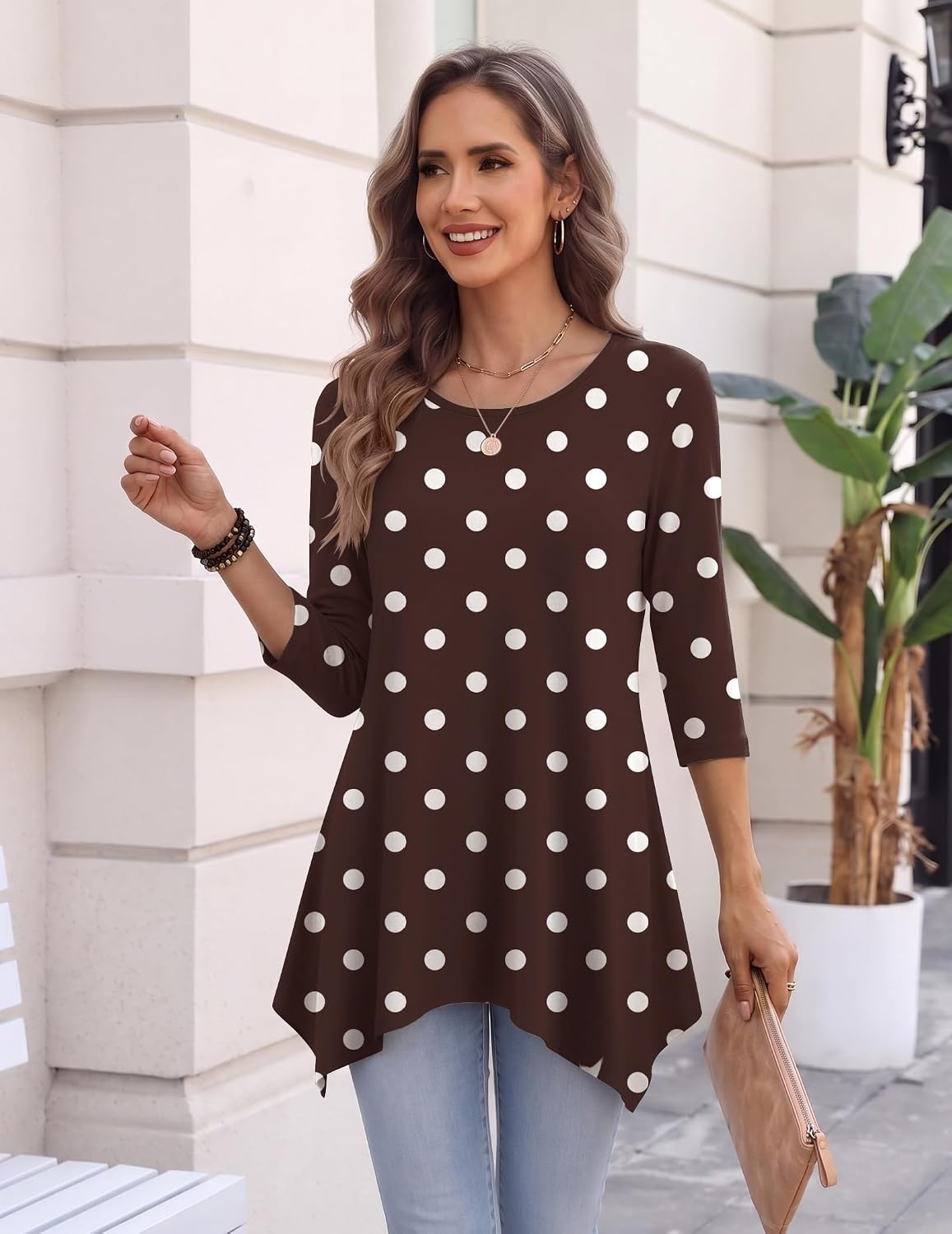 image:imageZeagoo Womens Tops 34 Sleeve loose fit dressy Tunics Plus Size Boho ShirtsBrown Polka Dotjh725