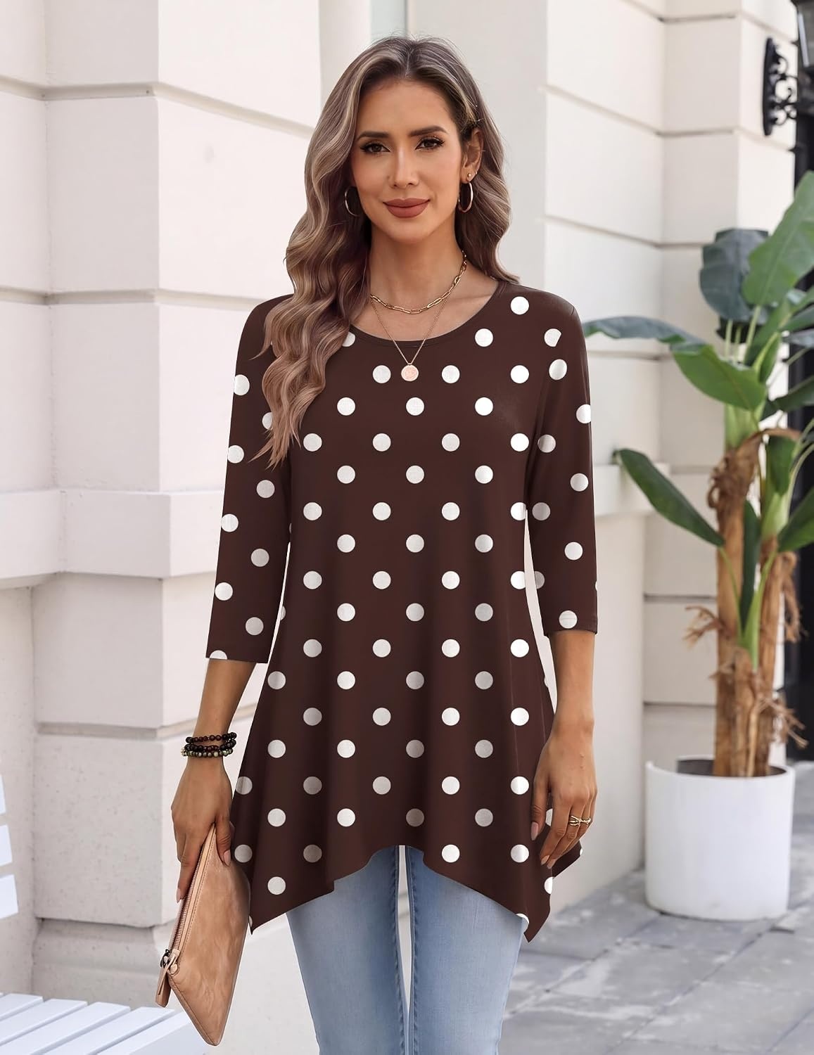 image:imageZeagoo Womens Tops 34 Sleeve loose fit dressy Tunics Plus Size Boho ShirtsBrown Polka Dotjh725