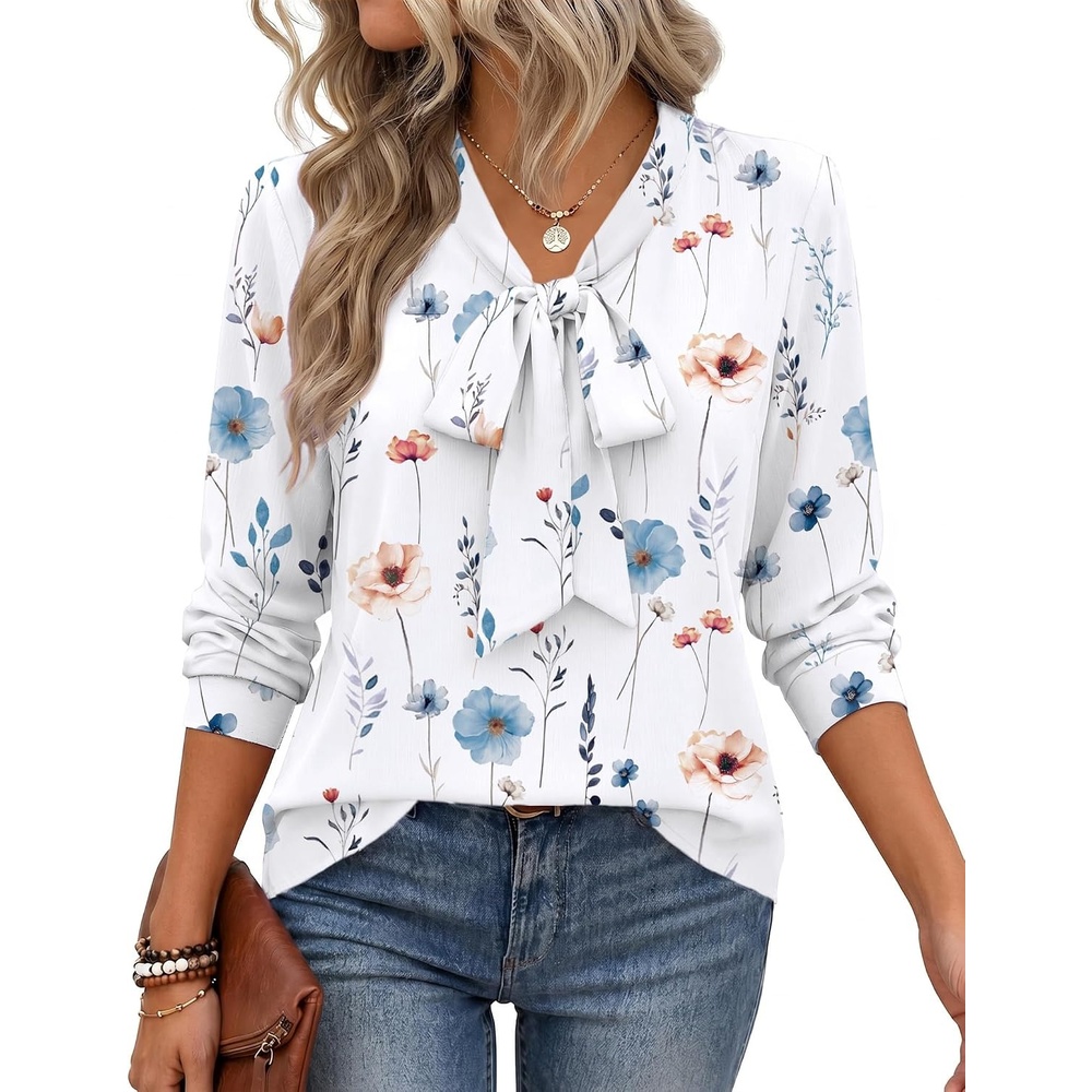 image:imageZeagoo Blouses for Women Bow Tie Neck Chiffon Long Sleeve Shirt Work TopsBf290