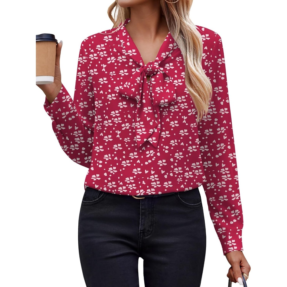 image:imageZeagoo Blouses for Women Bow Tie Neck Chiffon Long Sleeve Shirt Work TopsCx282