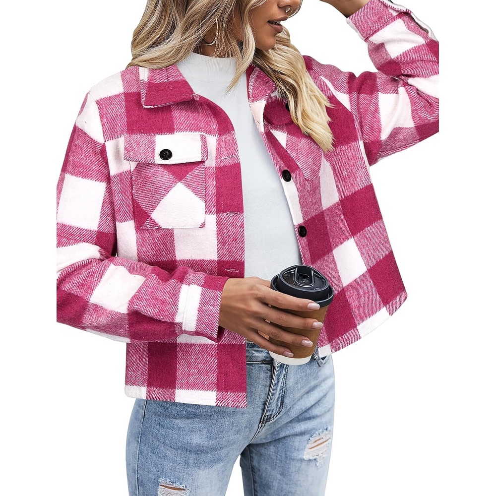 image:imageZeagoo Flannels for Women Cropped Shacket Jacket Fashion Plaid Fall CoatZgw24