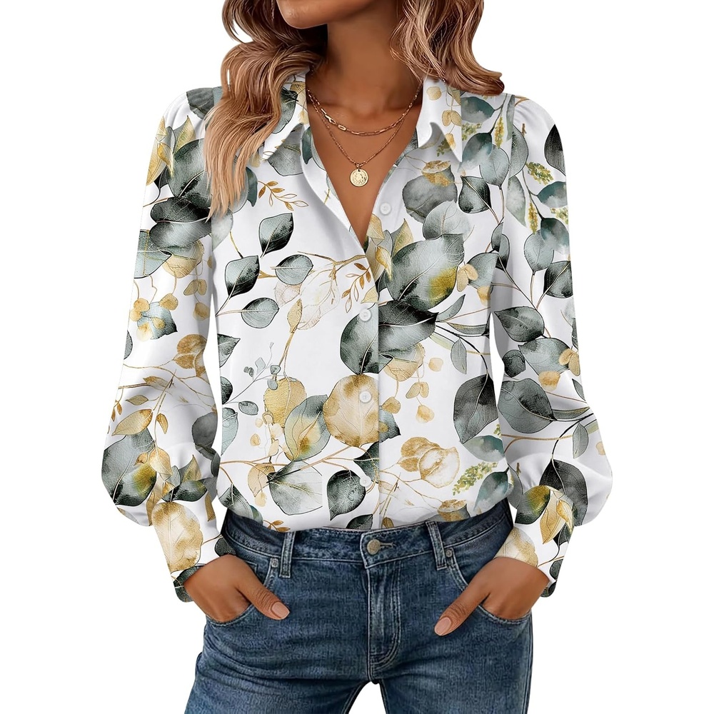 image:imageZeagoo Women Button Down Shirts Casual Long Sleeve Tops Work BlousesSp99green Leaves