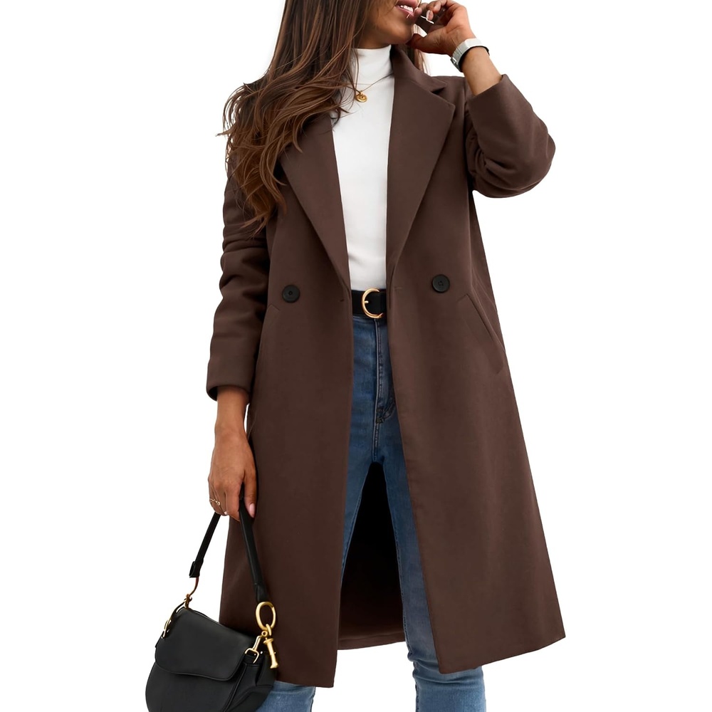 image:imageZeagoo Women Winter Wool Coat Notch Lapel SingleBreasted Mid Long PeacoatBrown