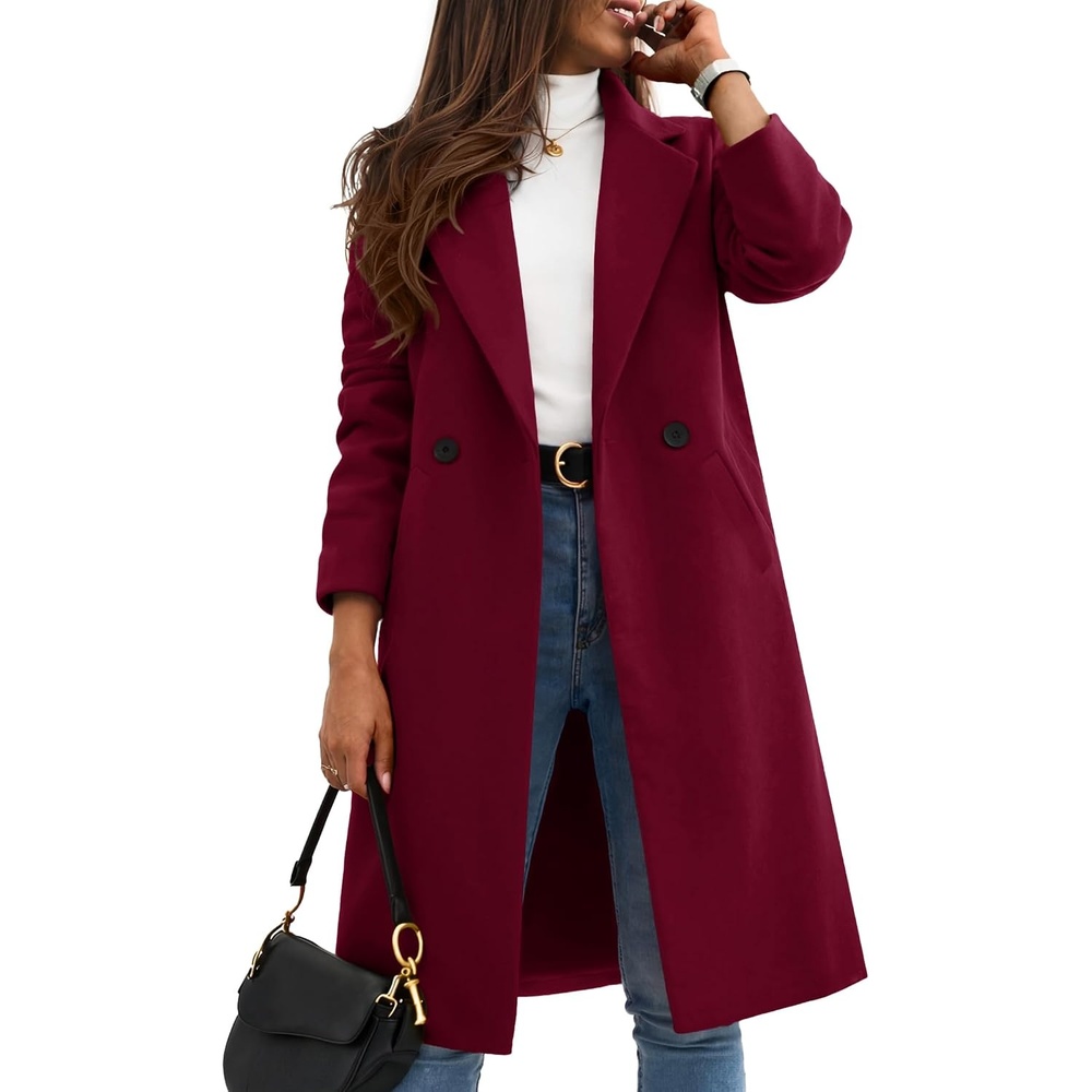 image:imageZeagoo Women Winter Wool Coat Notch Lapel SingleBreasted Mid Long PeacoatWine Red