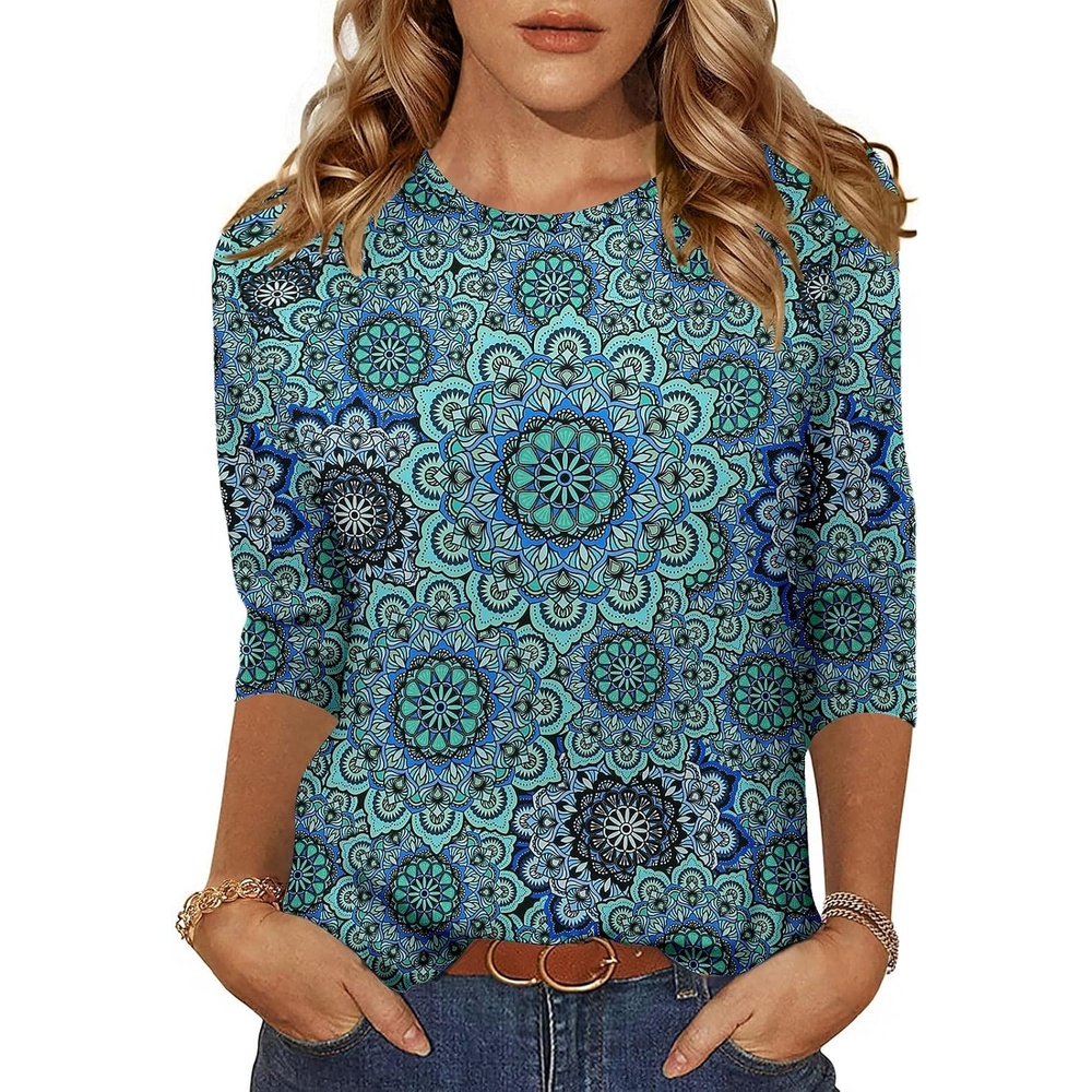 image:imageZeagoo Womens Casual 34 Sleeve TShirts Round Neck Tunic Tops Work BlouseBlue Printmz858