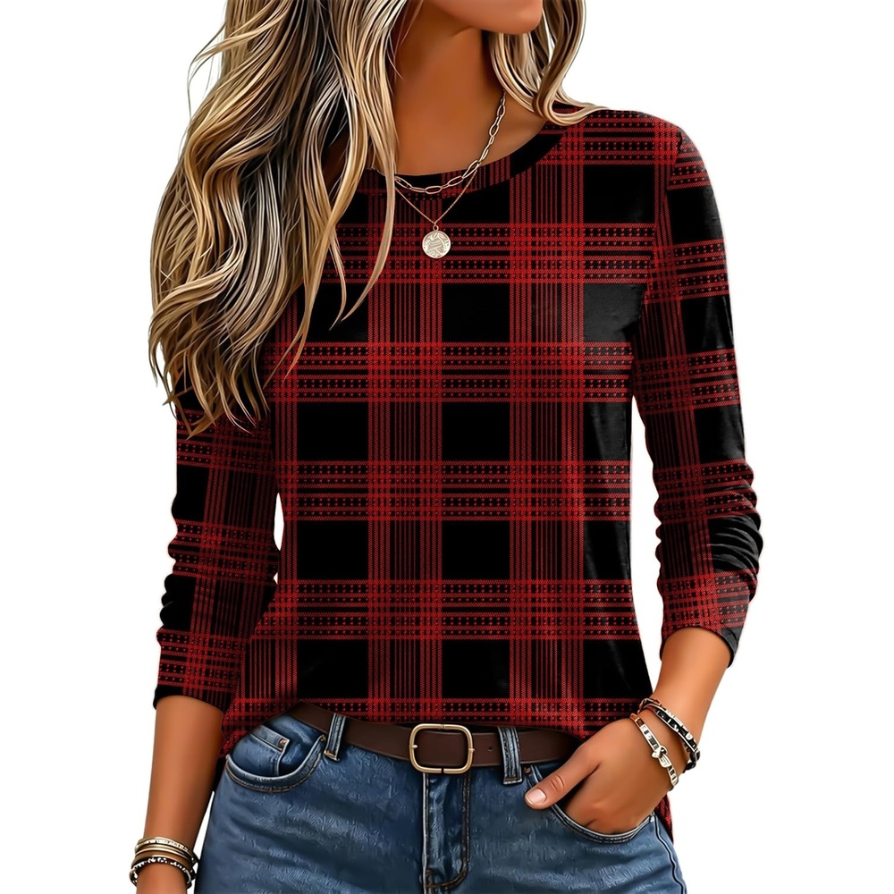 image:imageZeagoo Womens Casual Shirts Long Sleeve Tops Crewneck Tshirts Fall ClothesZ Plaid Red 643
